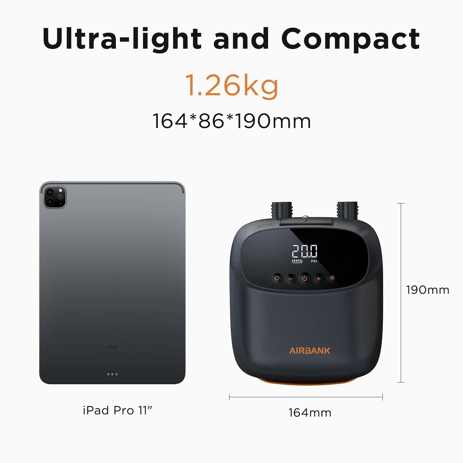AIRBANK Bomba de Aire eléctrica Sup con batería The Buffer Pro, Bomba de Aire Recargable de Doble Etapa con Apagado automático para Tabla de Remo, lámina de ala y Cometa, Tienda de campaña, colchón