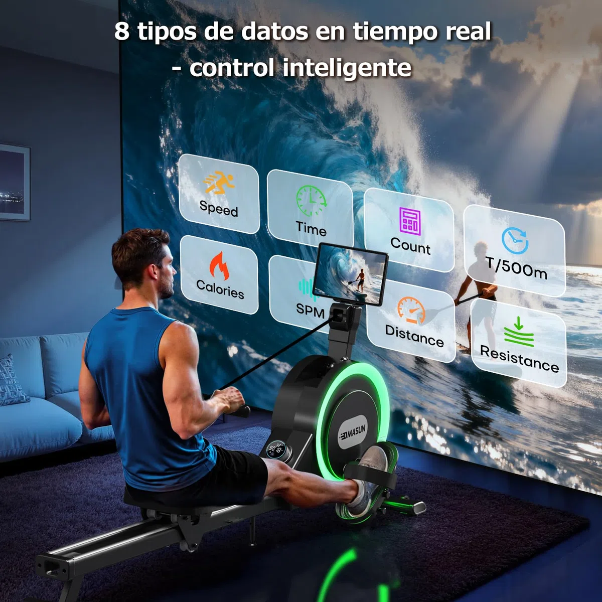 DMASUN Máquina de Remo para casa, Remo magnético con 32 Niveles de Resistencia silenciosa, rieles deslizantes Dobles mejorados, Capacidad de Peso de 160 kg, Compatible con App, indicador de luz