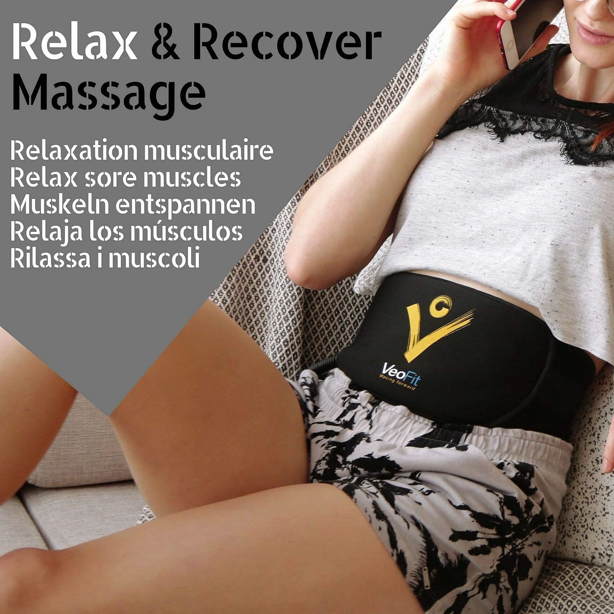 VeoFit Cinturon Abdominal Electroestimulacion EMS Pro –Cinturon vibrador Adelgazante para Abdominales, Brazos,Muslos, Pierna y Gluteas – Hombre y Mujer – Incluye Guía Fitness y Funda