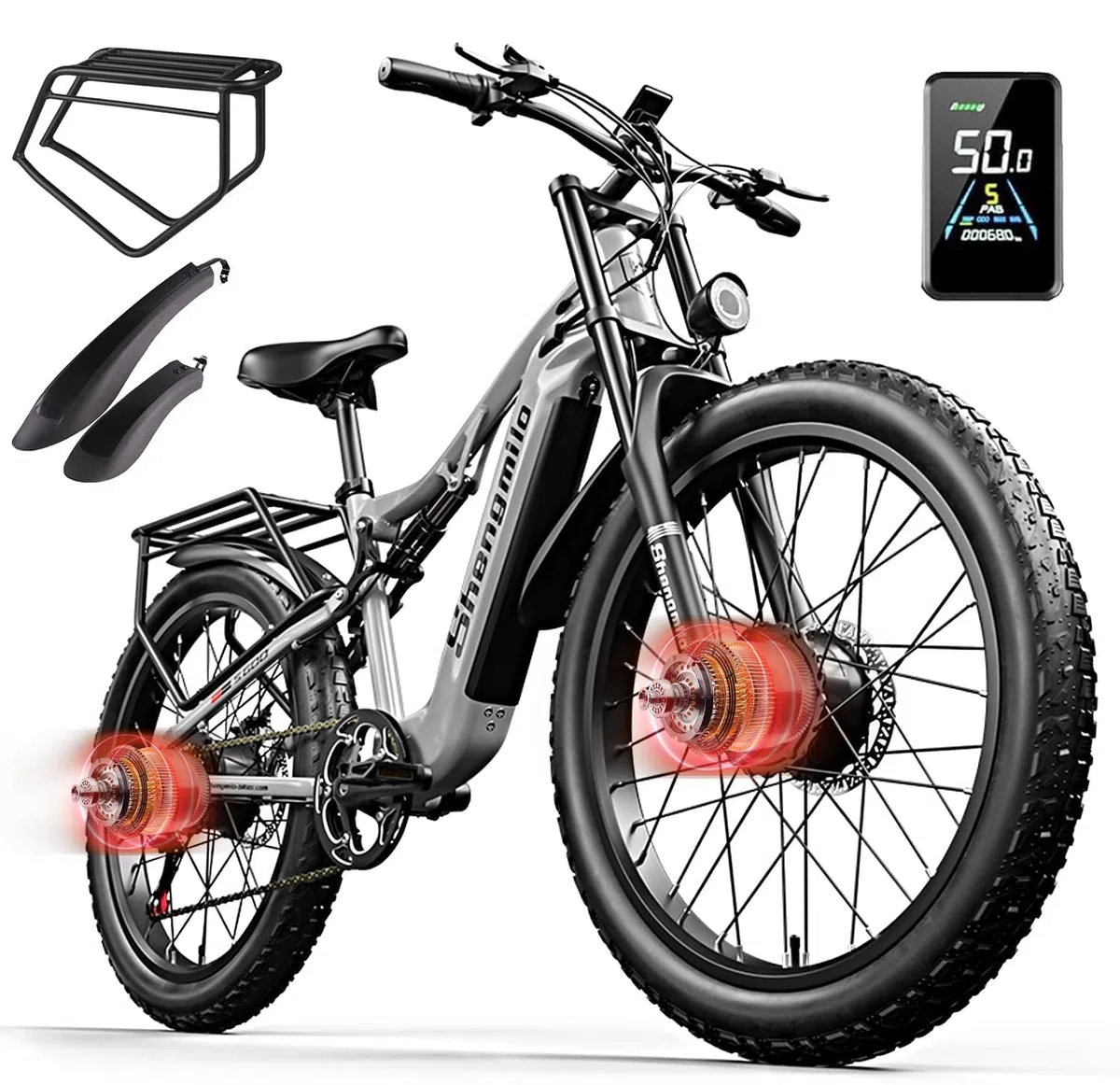 Shengmilo S600 Bicicletas eléctricas, 26 Pulgadas, neumáticos Anchos, batería de 840 WH con batería de Iones de Litio extraíble y 7 velocidades para Adultos y Hombres(Gris Mate)
