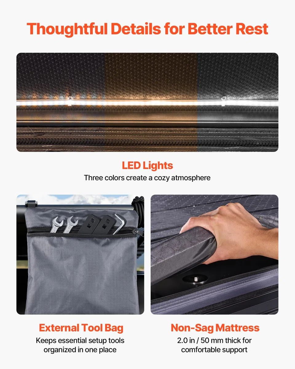 VEVOR Tienda de Techo Rígida para 2-3 Personas, Tienda de Campaña para Techo de Coche con Luz LED, Colchón Grueso y 2 Ventanas, Impermeable y Resistente al Viento, para Jeep, SUV, Camionetas