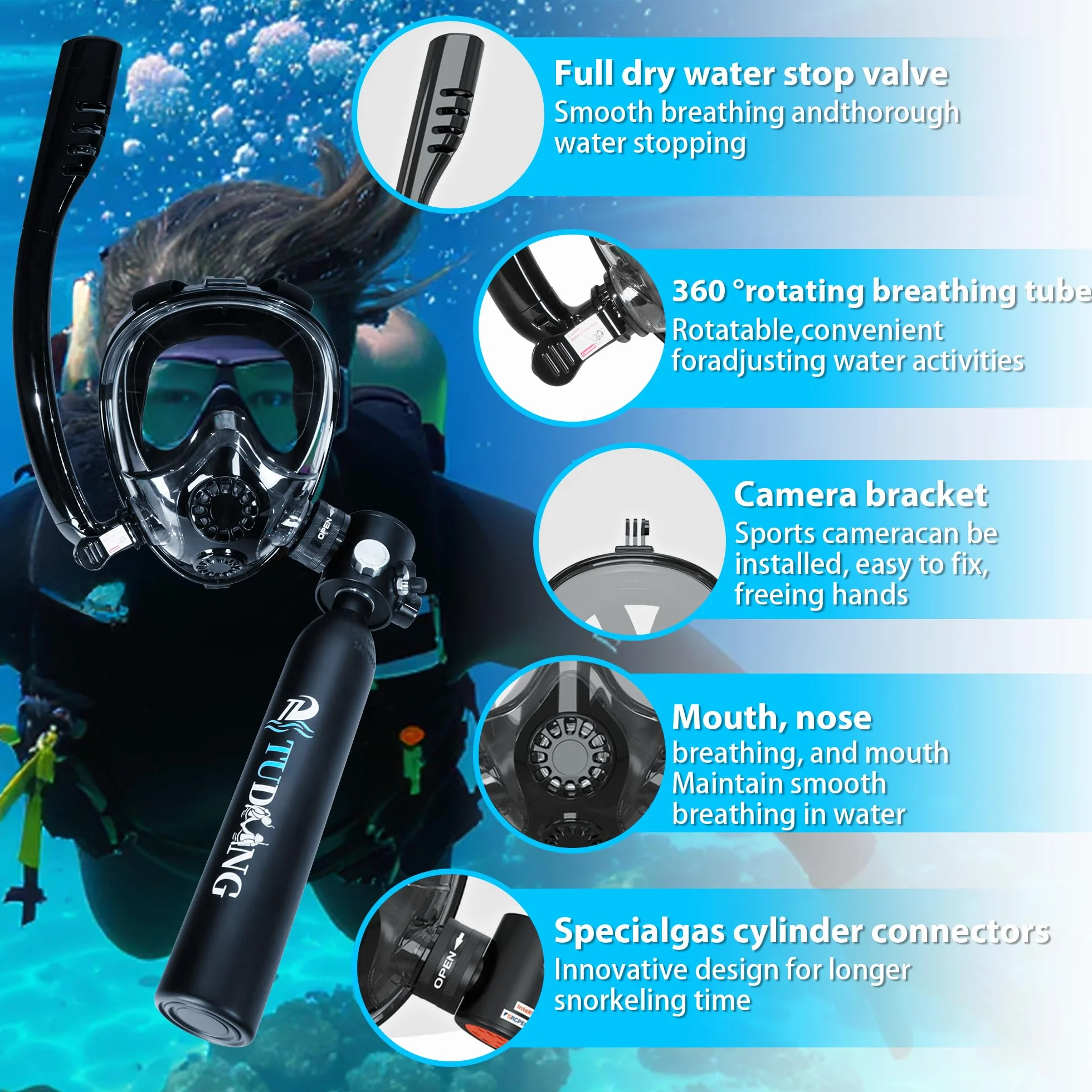 Kit de Tanque de Buceo TUDIVING de 0.5L, Mini Cilindro de oxígeno con máscara de Snorkel Facial Completa, Tanque pulmonar portátil con compresor de Aire