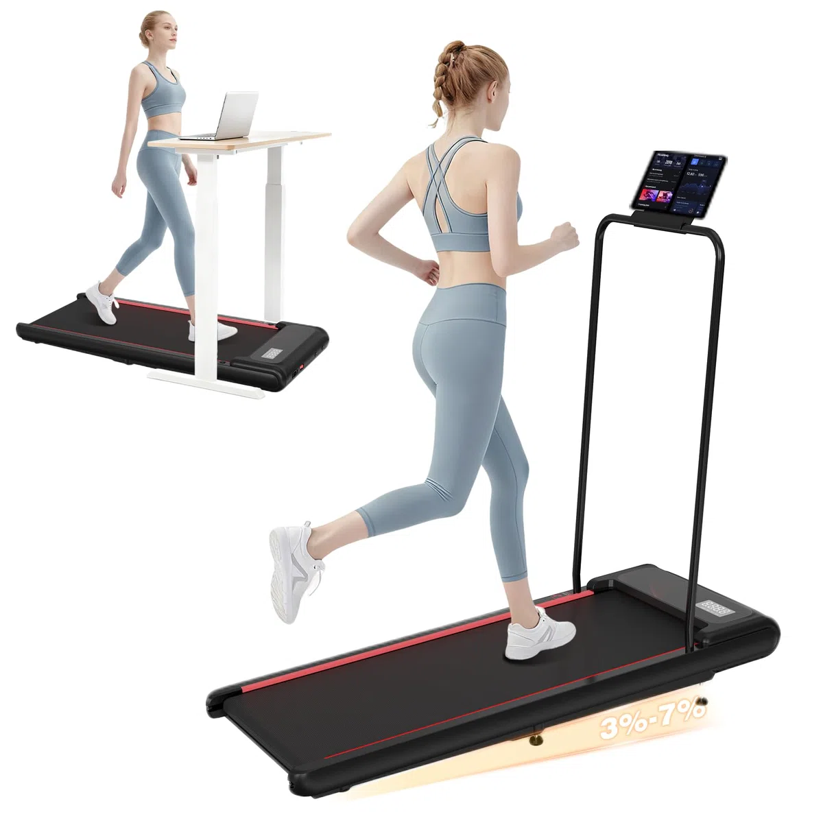 Cinta de Correr, Cinta de Correr con Barandilla Desmontable, Walking Pad 3 Niveles Inclinación, Soporte Tableta, Motor Silencioso