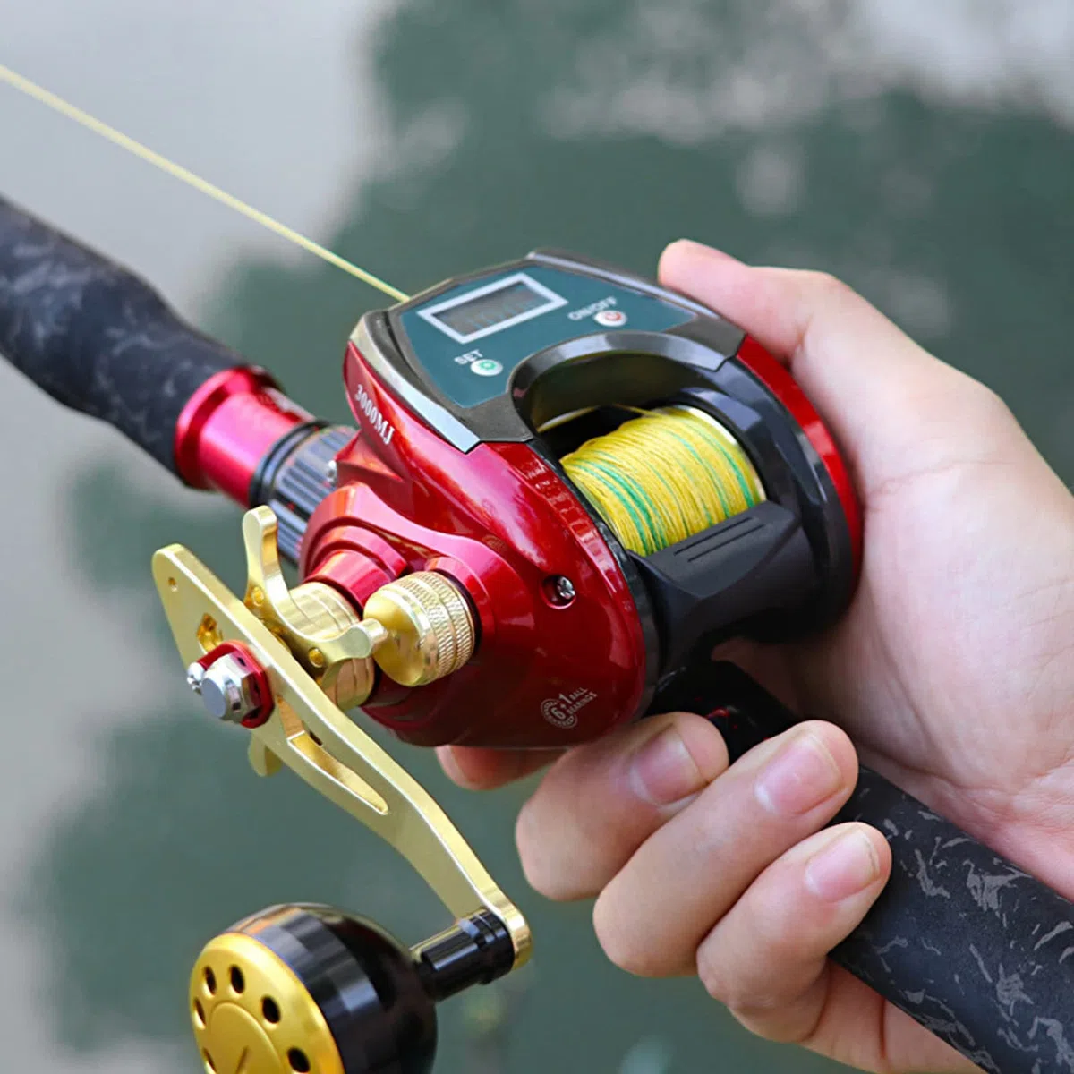 POENVFPO Carrete Baitcasting con Cuentalíneas, Grafeno y Fibra de Carbono, Fuerza de Frenado 20 Kg, Pantalla Digital para Pesca en Agua Salada y Dulce