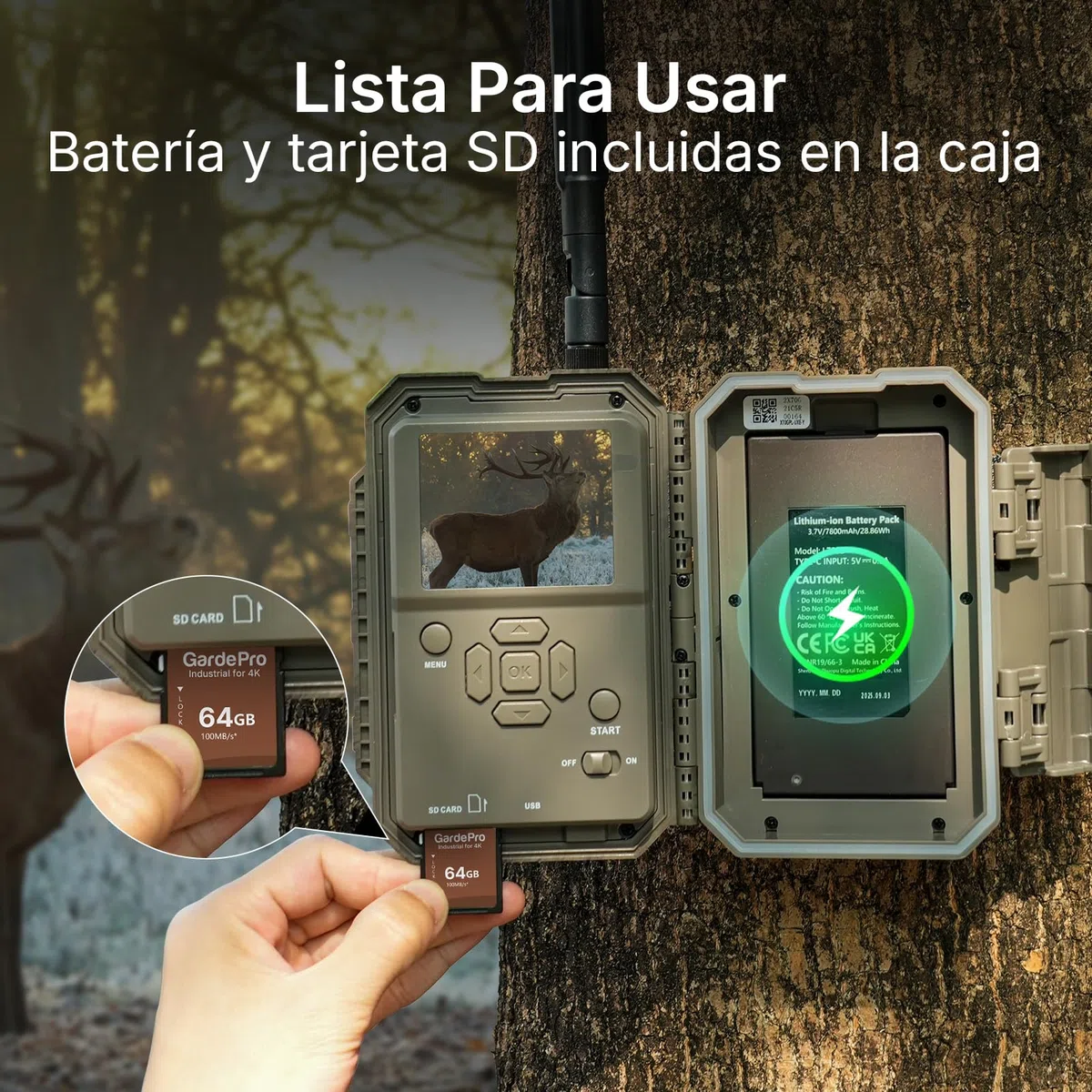 GardePro X70 Pro Camara Fototrampeo 4G LTE con Transmisión en Vivo y GPS, Batería de 7800 mAh y Tarjeta SD de 64 GB, 48MP 1296P Cámara Caza, IP66 Cámara Fototrampeo con Envío al Móvil
