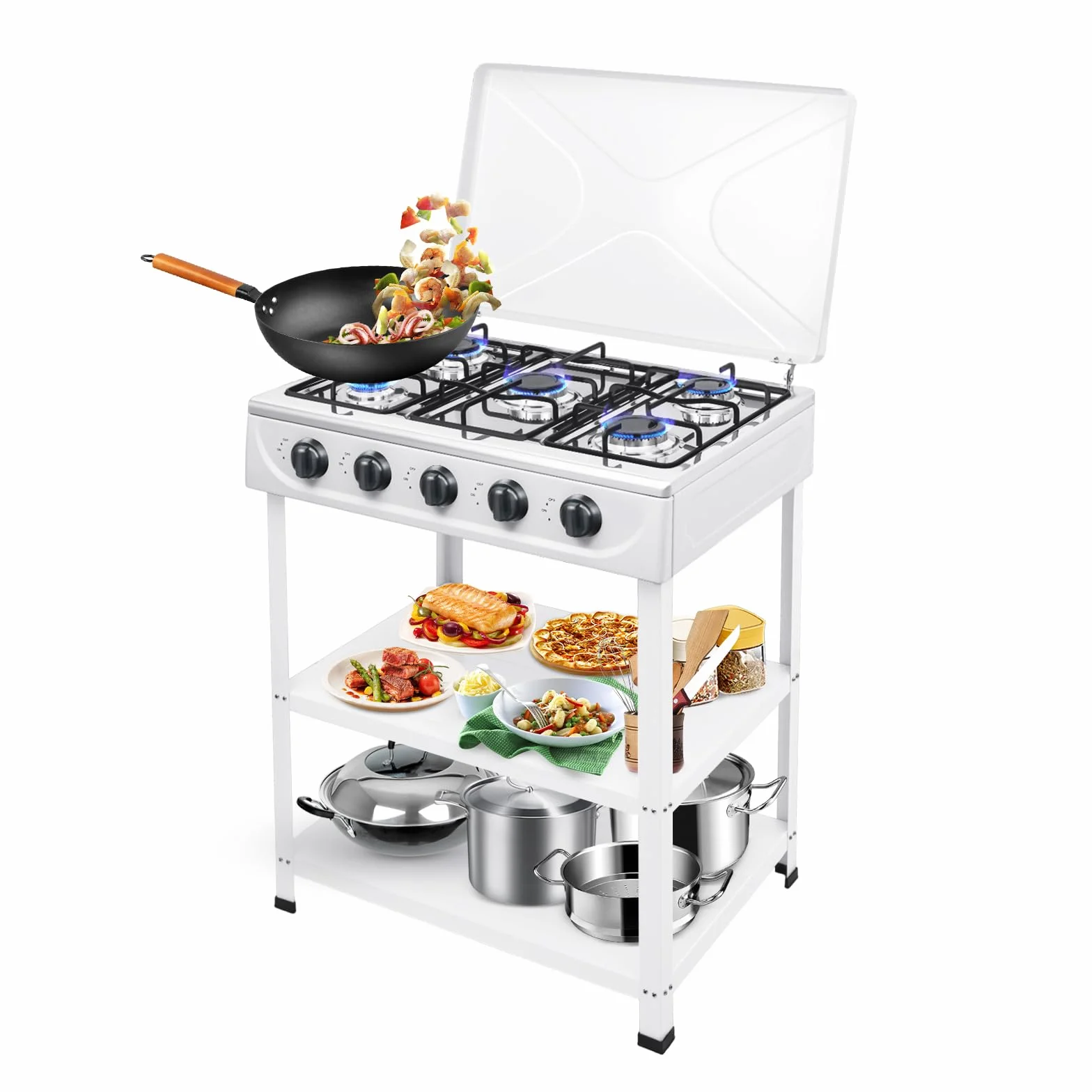 Hornillo de camping de 5 quemadores de 2,5 kW con tapa y 2 estantes, encendido manual, cocina de gas natural independiente para camping, autocaravana, exterior, viajes, pesca