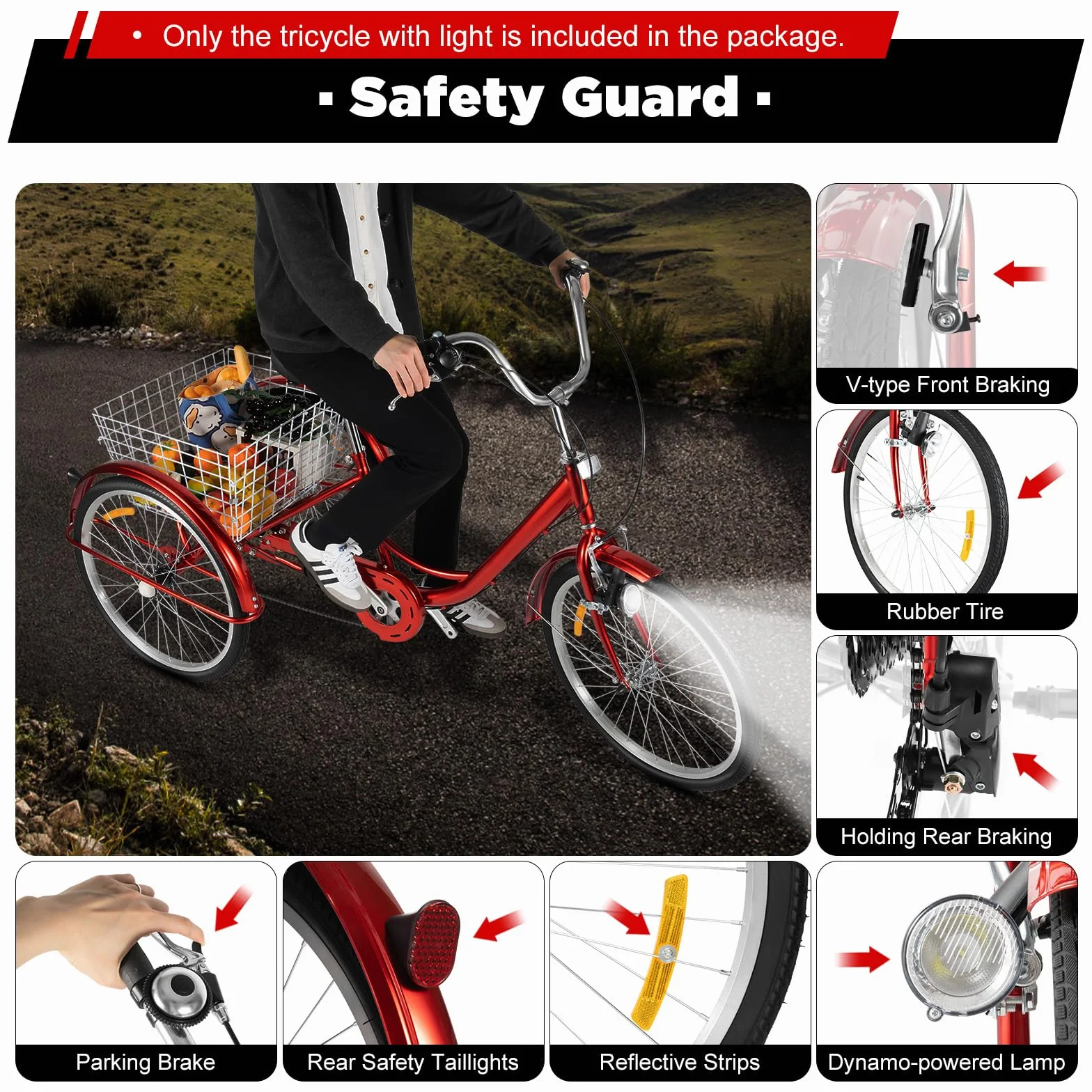 Triciclo para adultos, 20 pulgadas, 6 velocidades, 3 ruedas, con cesta de la compra, bicicleta para adultos, hasta 120 kg, triciclo de altura regulable, bicicleta de crucero para personas