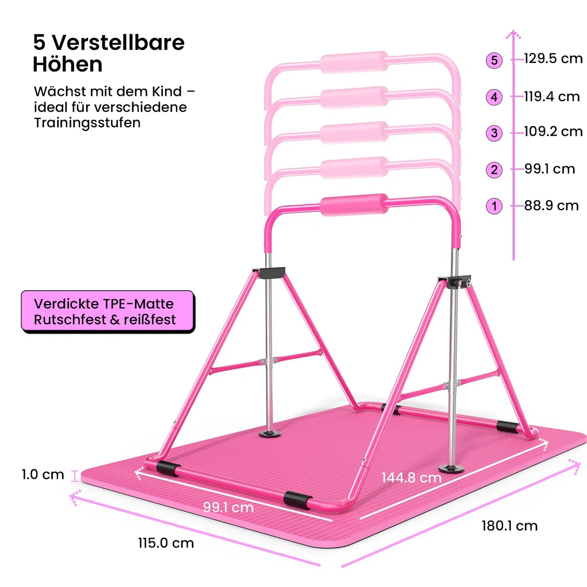 Safly Fun Barras de gimnasia expandibles para niños, color rosa con estera