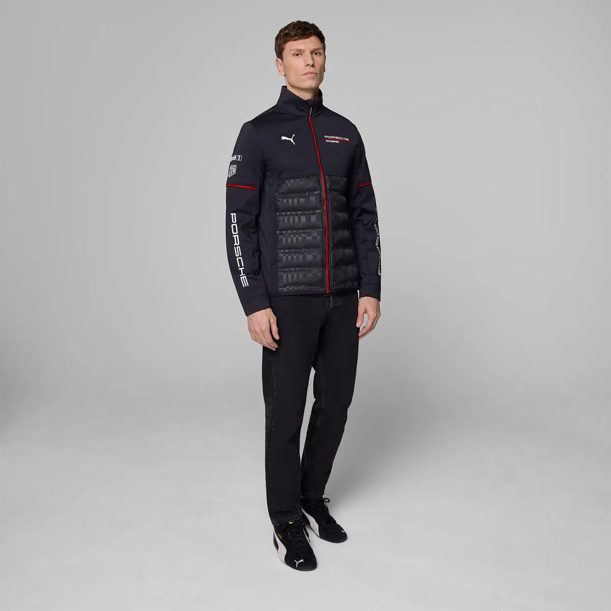 PUMA Porsche Motorsport Chaqueta híbrida del equipo para hombre con parte superior tejida y parte inferior acolchada para máxima comodidad - Negro