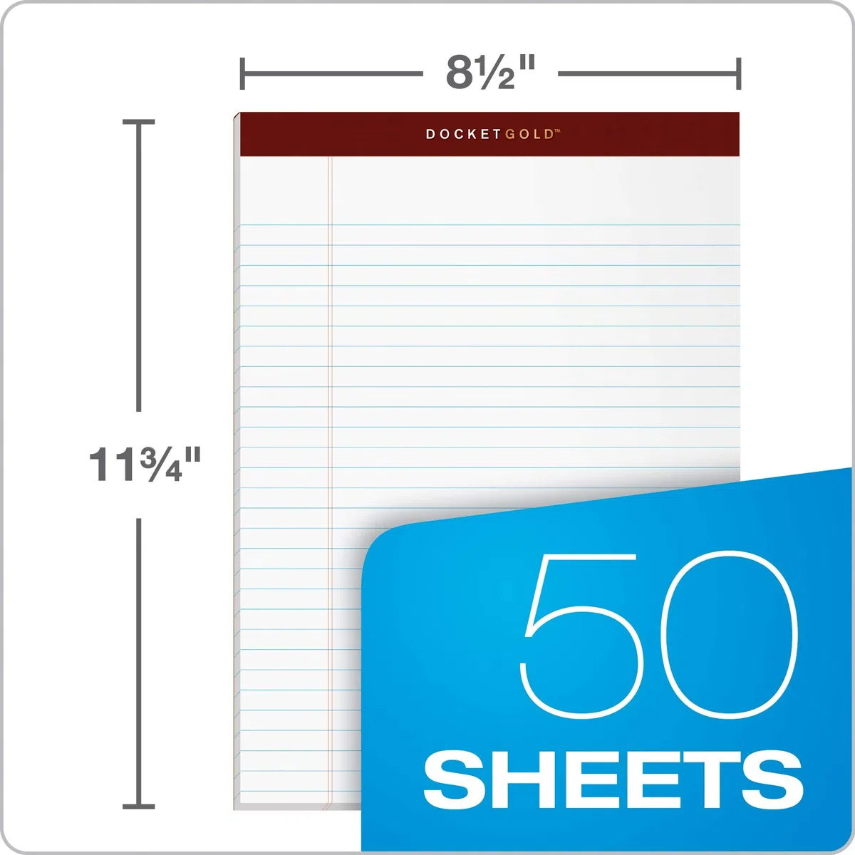 Tops Docket Gold Writing Pads, 8-1/2 x 11-3/4, Legal Rule, White Paper, 50 Sheets, 12 Pack (63960)