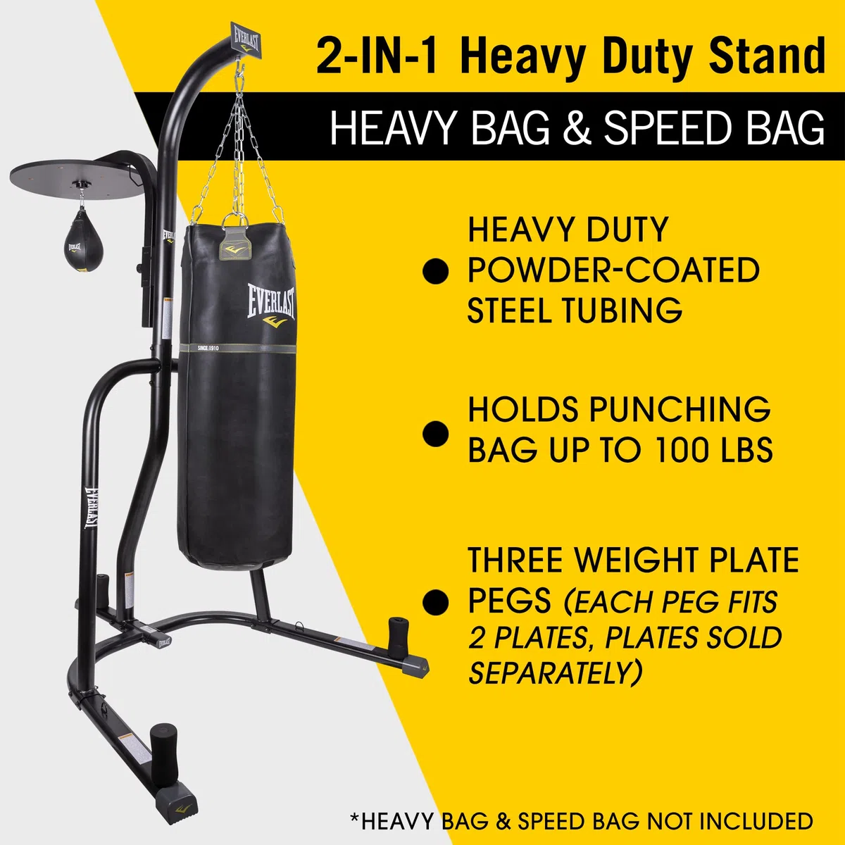 Everlast Saco de boxeo pesado con marco de acero y soporte para bolsa de velocidad con 3 clavijas de placa para kickboxing y entrenamiento de artes marciales mixtas, color negro