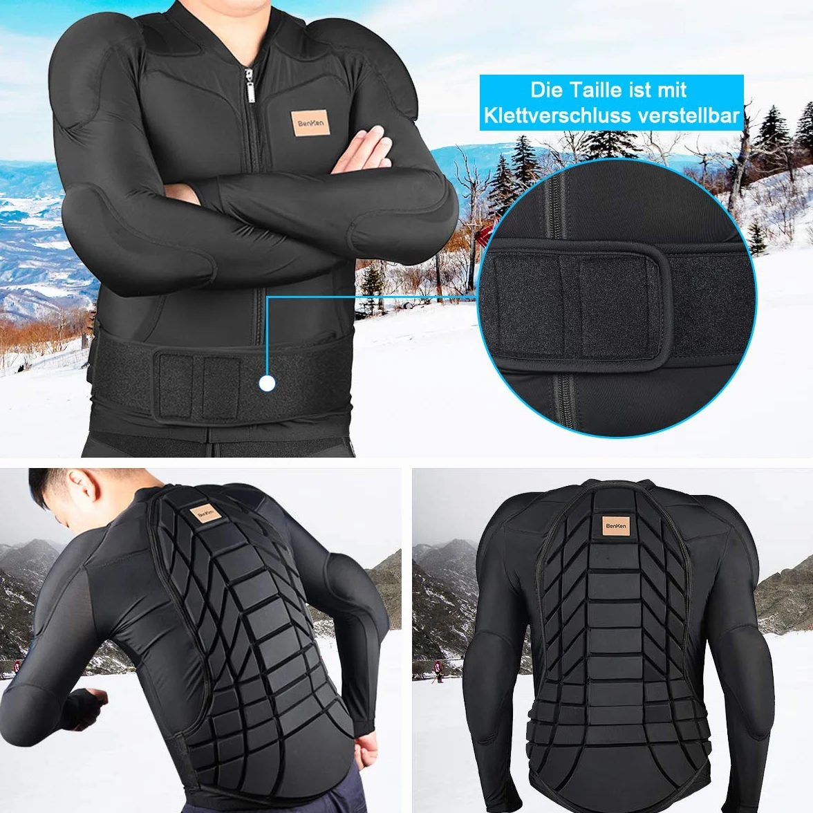 BenKen Body de esquí de manga larga con forro, pecho, hombros y espalda, chaqueta ajustable, para mujeres y hombres, parte superior acolchada