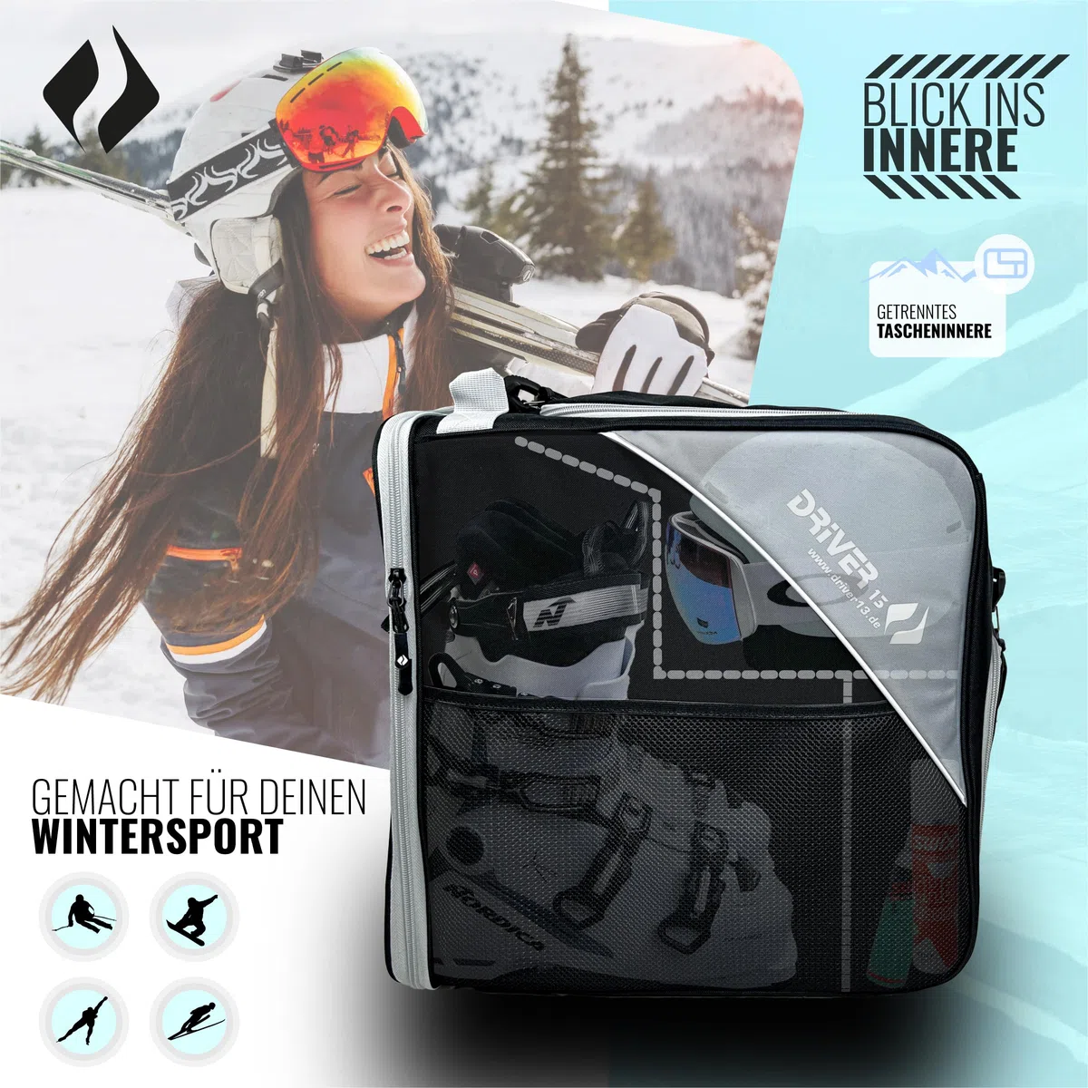 Driver13 ® Bolsa para Botas de Esquí con Compartimento para Casco, Negro-Gris
