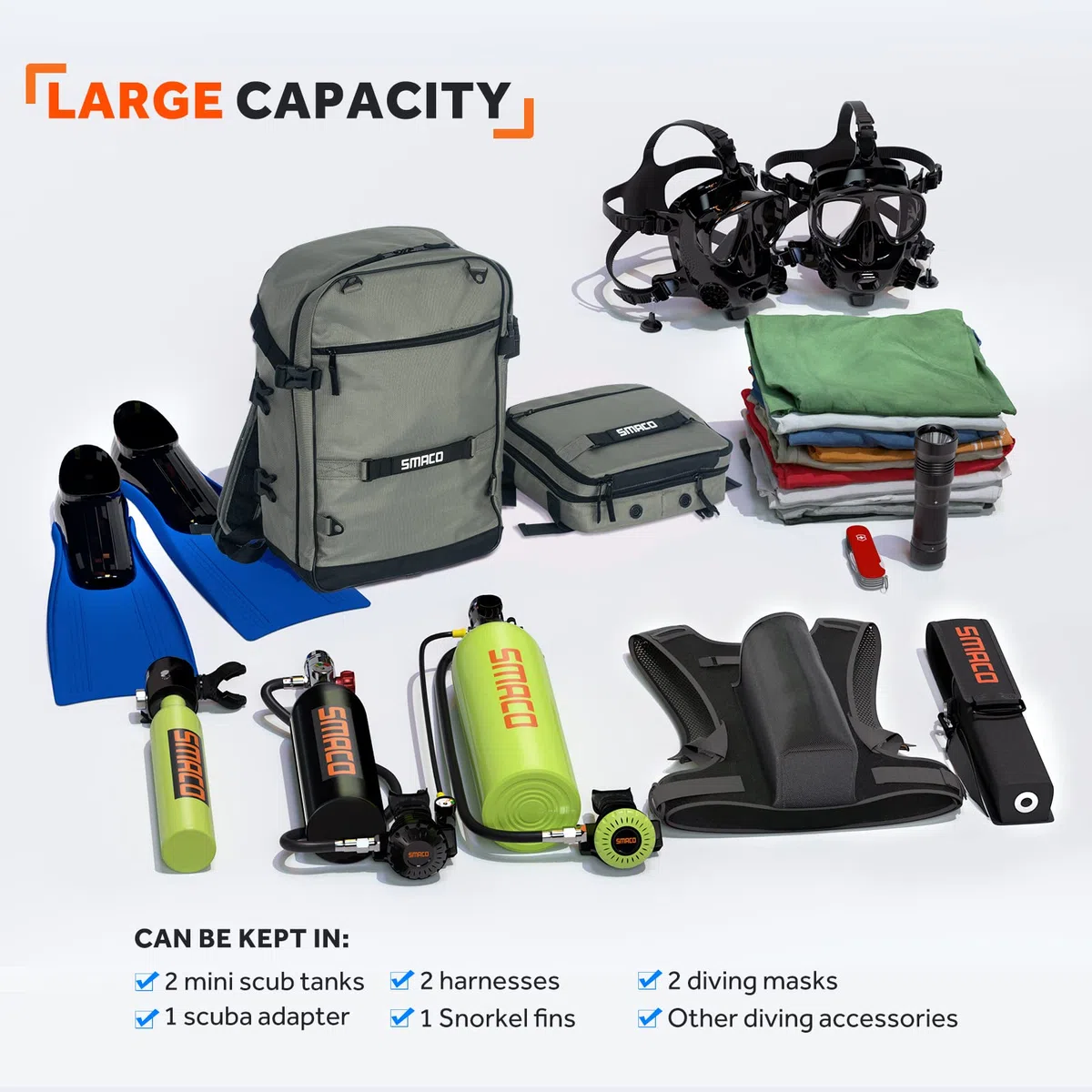 SMACO Mochila de buceo con bolsa pequeña desmontable, mochila de viaje para buceo, bolsa de buceo en seco para mini botellas de buceo, máscara de buceo, snorkel, aletas y más, gris, Portátil