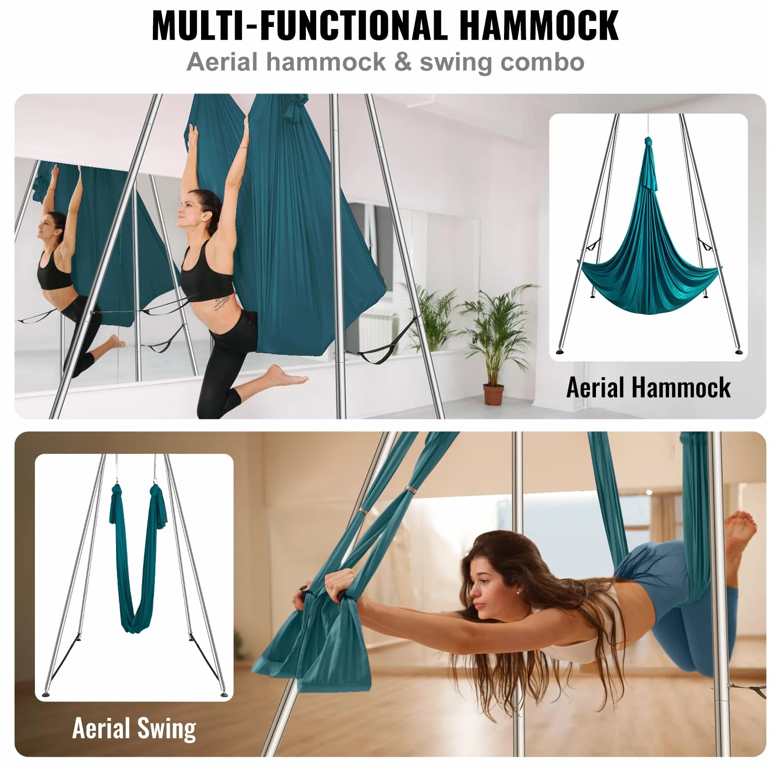 VEVOR Kit de Hamaca y Columpio de Yoga Aéreo, Soporte de Yoga Profesional de 295cm de Altura, Hamaca de 6m, Capacidad de Carga máxima 250 kg, para Fitness, Culturismo, Pilates, Gimnasio en casa, Verde
