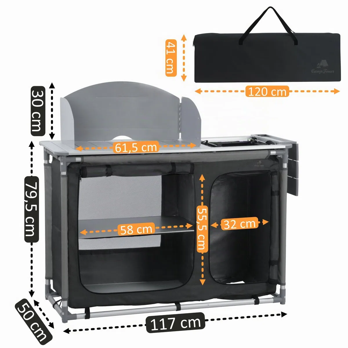 CampFeuer Armario Plegable Camping | 117 x 50 x 111 cm | Armario de Viaje Portátil, Cocina de Camping con Marco de Aluminio, Protección contra Salpicaduras, Fregadero, Bolsa de Transporte