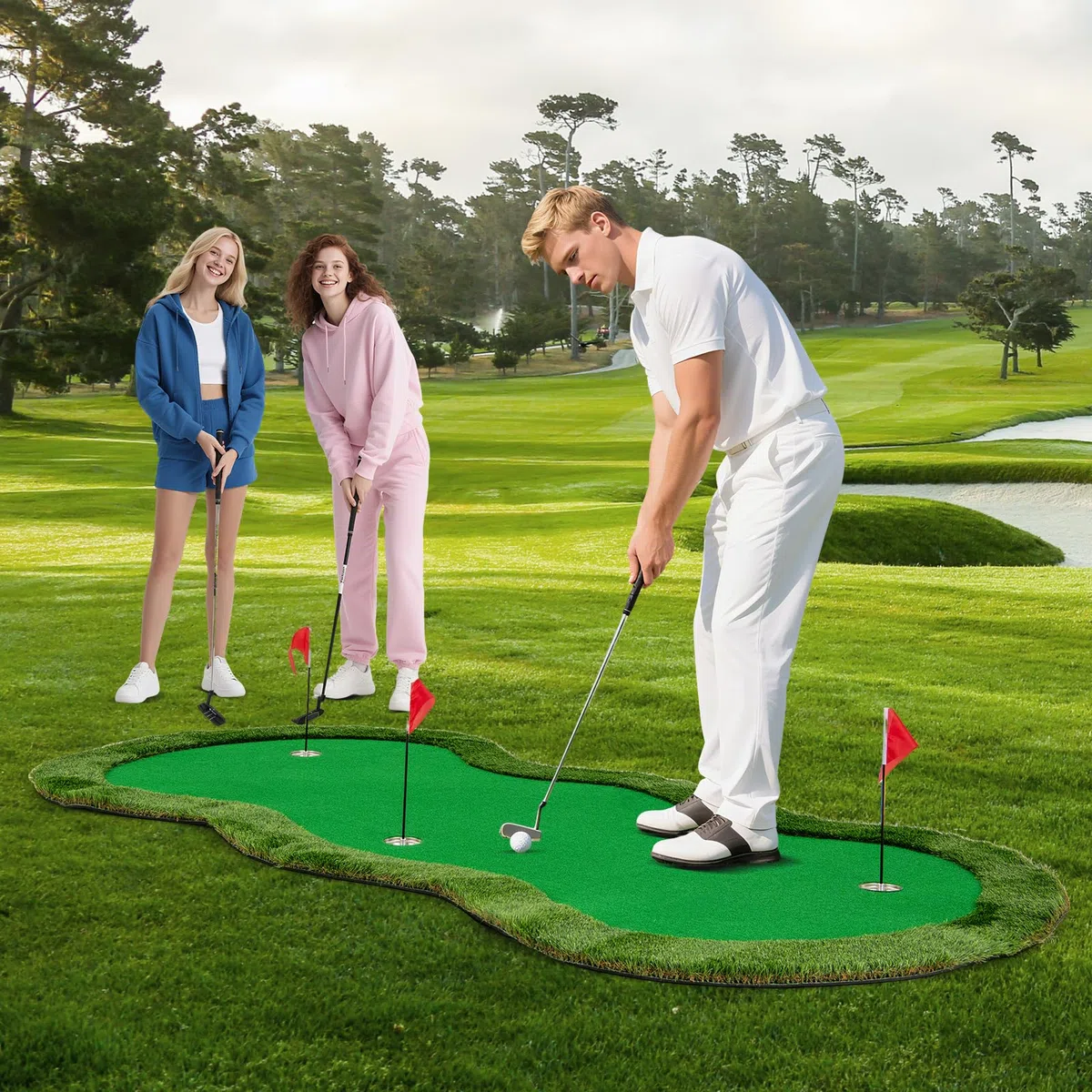 LIFEZEAL Alfombra de Practica de Golf Profesional 150x300 cm con 3 Hoyos y Pelotas Tapete de Putt para Interior y Exterior en Casa Oficina Patio