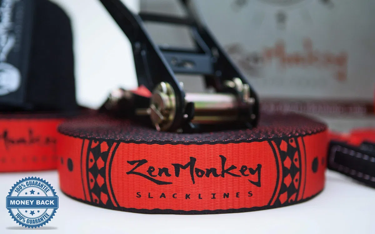 ZenMonkey Slackline Kit con línea de Entrenamiento Superior, Entrenador de Brazos, Protectores de árboles, Bolsa de Transporte de Tela e Instrucciones, 60 pies, fácil instalación para la Familia,