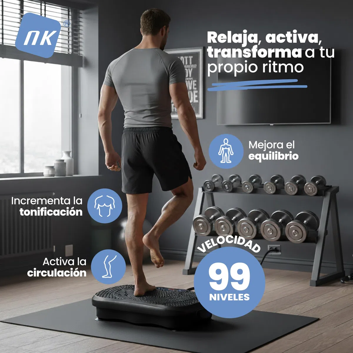 NK Plataforma Vibratoria de Entrenamiento, 99 Velocidades, 5 Modos Automáticos, Pantalla LED, Altavoz Bluetooth, Máquina de Ejercicio en Casa con Bandas de Resistencia, Silenciosa y Compacta