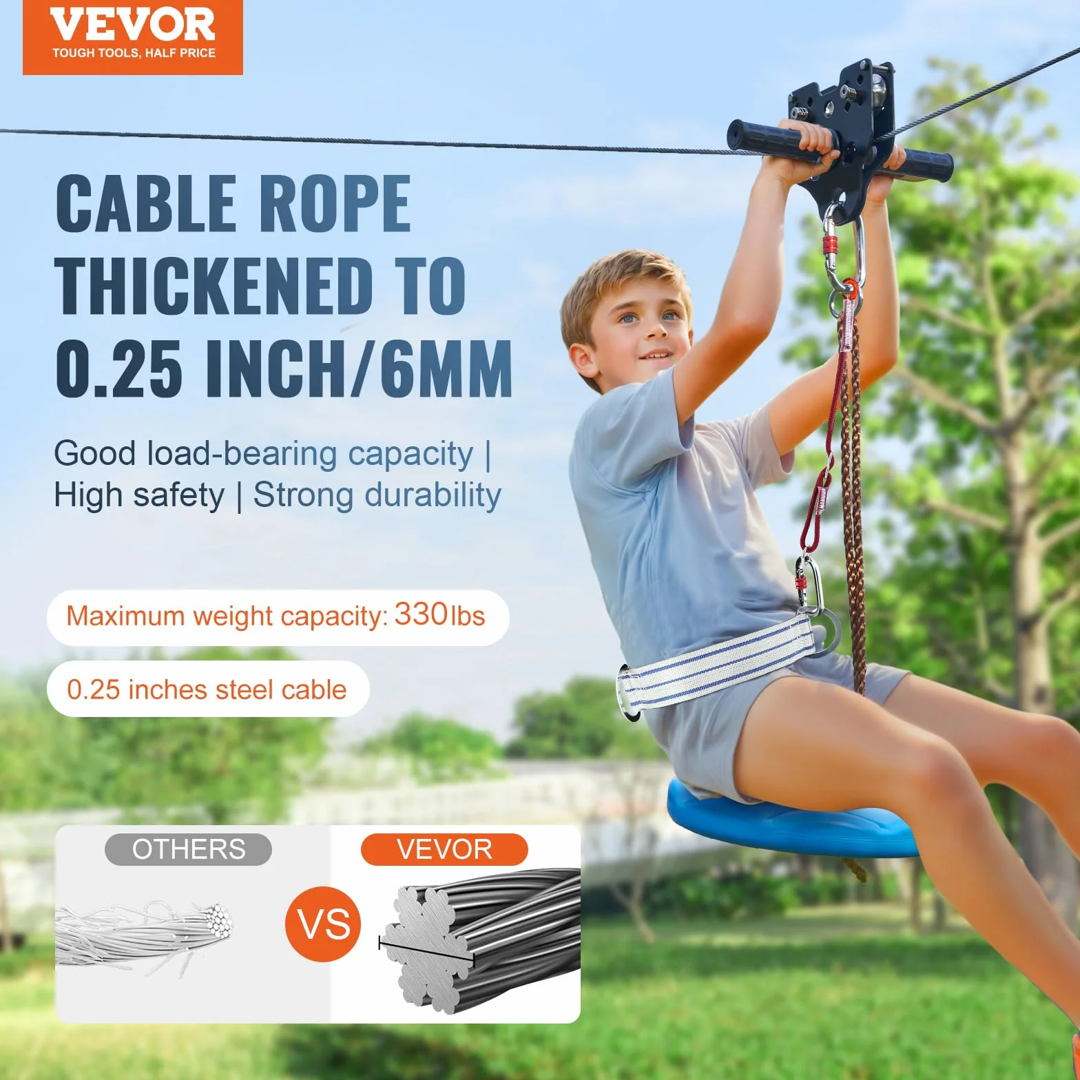 VEVOR Zipline - Tirolesa para niños, 24,38 m, Kit de línea con Cremallera para niños y Adultos de hasta 226,8 kg, Kit de línea con Cremallera Trasera con Sistema de Freno de Muelle Mejorado,