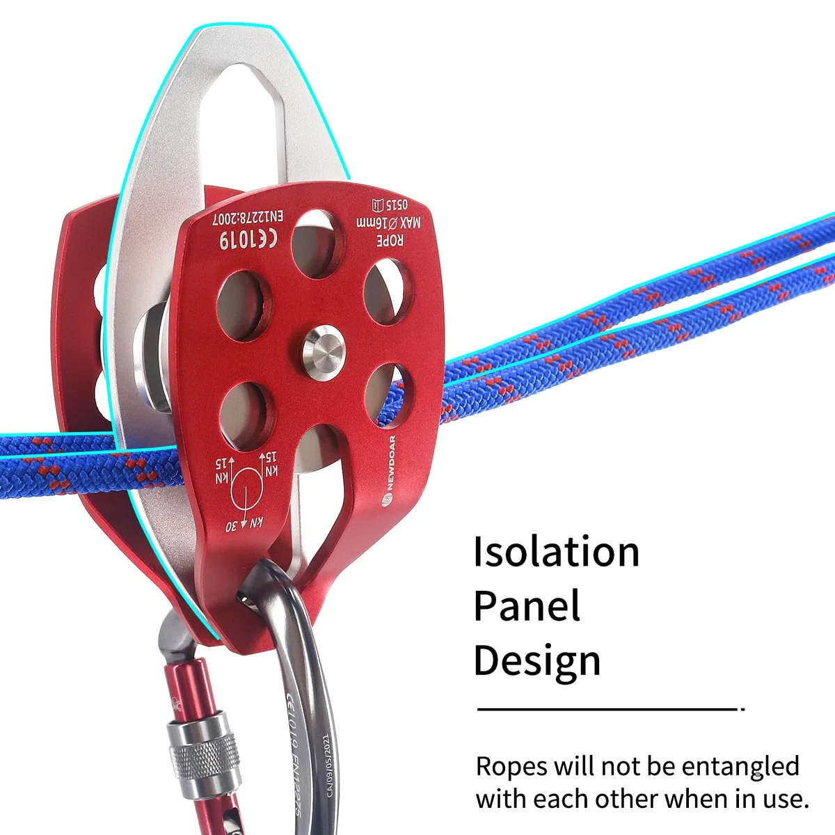 NewDoar Polea de rescate grande con certificado CE de 30 KN, doble polea con placa oscilante para alpinismo al aire libre, rescate de escalada en roca (rojo, 1 unidad)