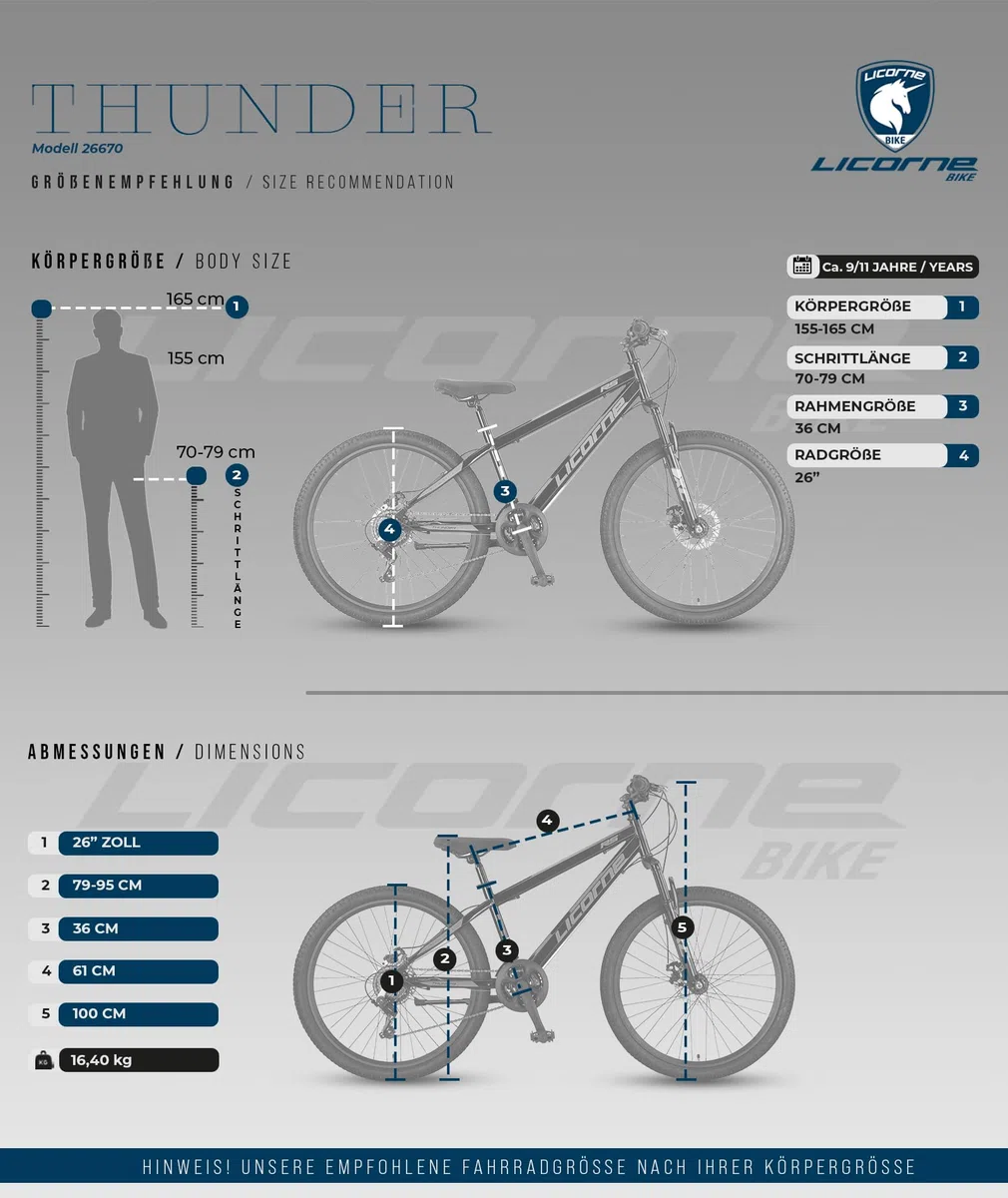Licorne Bike Bicicleta de montaña Thunder Premium en 20, 24, 26, 27,5 y 29 pulgadas, para niñas, niños, hombres y mujeres, freno de disco