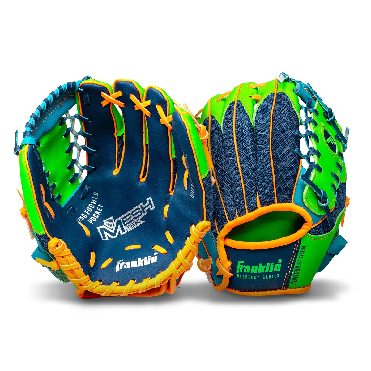 Franklin Sports Teeball Recreational Guante de béisbol y Pelota, 24 cm - 22812, Lanzamiento Mano Derecha, 9.5 Inches, Azul Rey/Verde Lima/Naranja