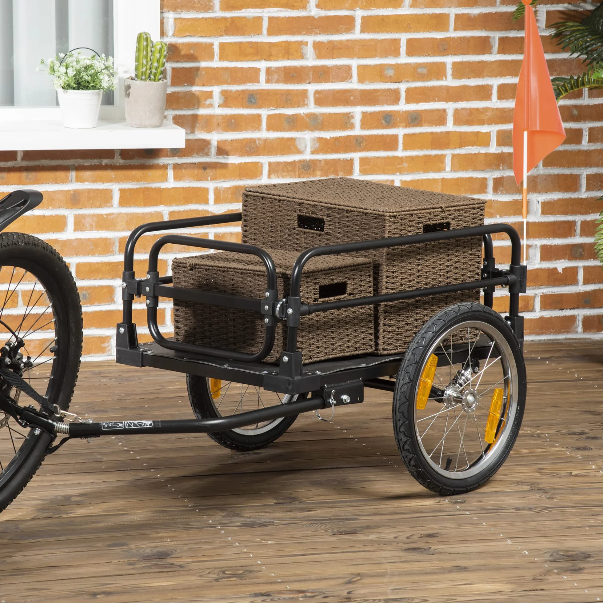 HOMCOM Remolque de Carga para Bicicleta Carro para Bicicleta Desmontable con 2 Ruedas Reflectores y Bandera Marco con Amortiguador Capacidad de 70L Carga 40 kg 125x64x53,5 cm Negro