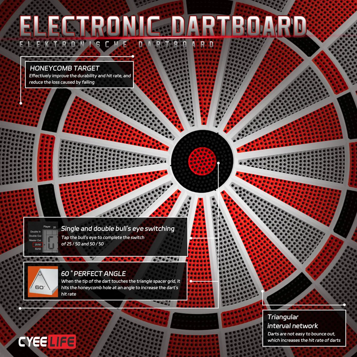 CyeeLife Diana electrónica Profesional con Dart Throw Line, 34 Juegos y 355 variaciones, Diana Profesional para baterías/Adaptador para 1 a 8 Jugadores con 12 Dardos - No Data Cable ！