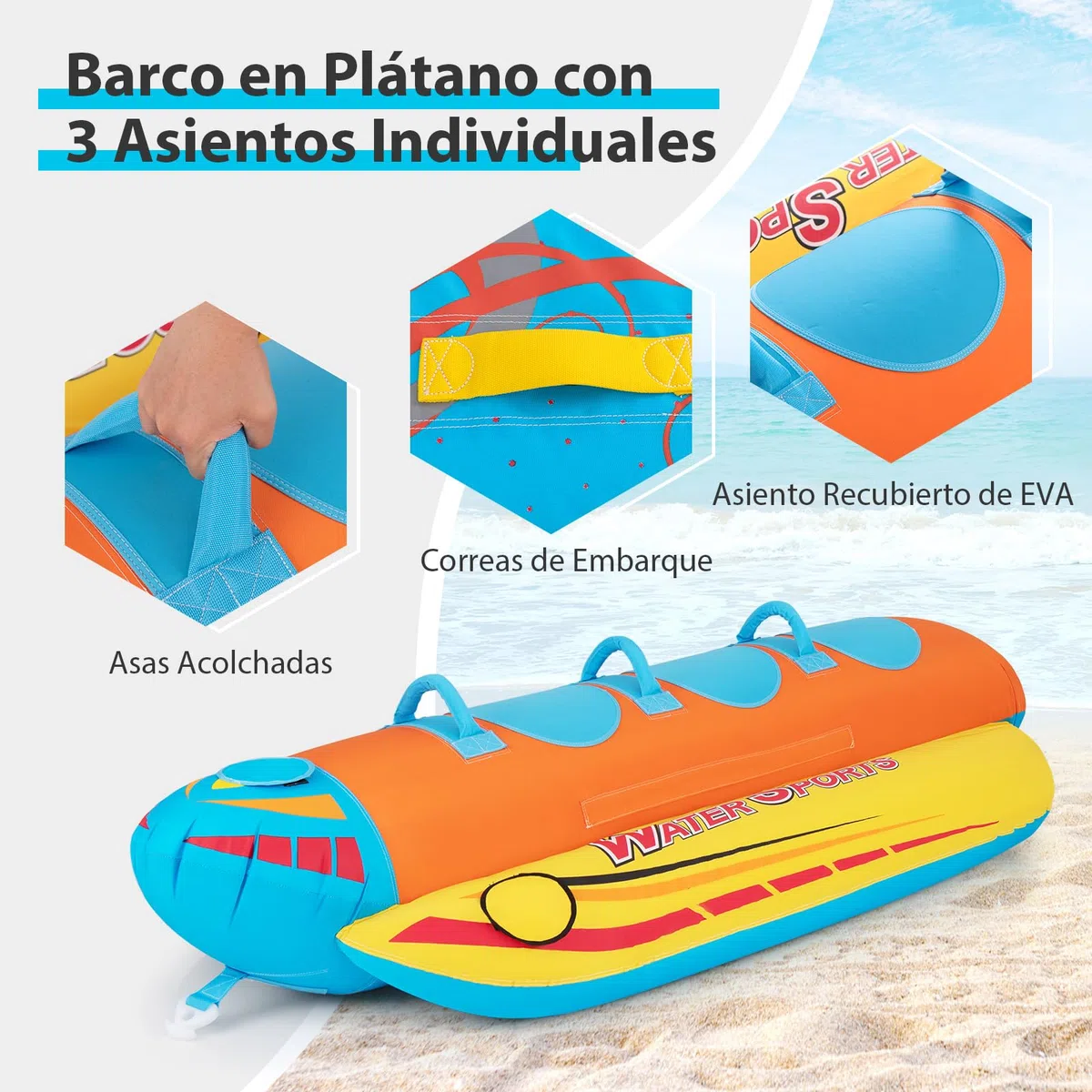 COSTWAY Tubo Remolcable para 1-3 Pasajeros, Bote Banana Inflable para Paseos y Deportes Acuáticos, Recreación con 3 Asientos y Manijas Acolchados de EVA, Kit de Reparación Incluido