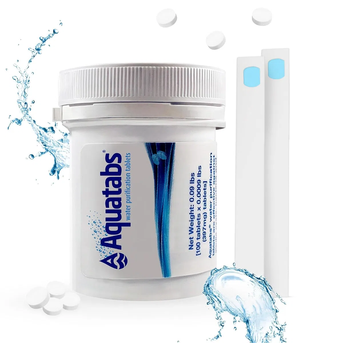 Aquatabs Tabletas de purificación de agua para beber – 100 tabletas + 2 tiras de prueba de cloro – Kit de iniciación purificador de agua – para tanques de barco y RV – por Aquamarine Water Solutions