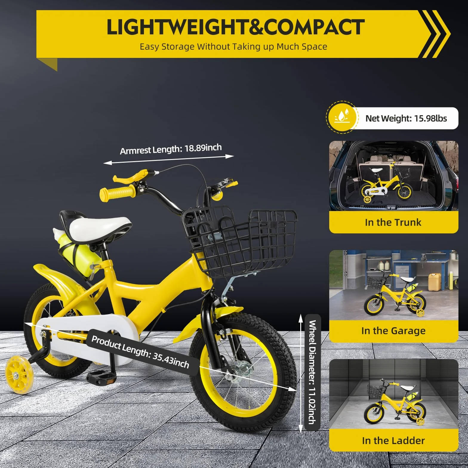 Bicicleta infantil de 12 pulgadas con ruedas estabilizadoras, bicicleta amarilla para niños y niñas a partir de 3 – 6 años, altura regulable, doble freno, marco de acero, con cesta y portaequipajes