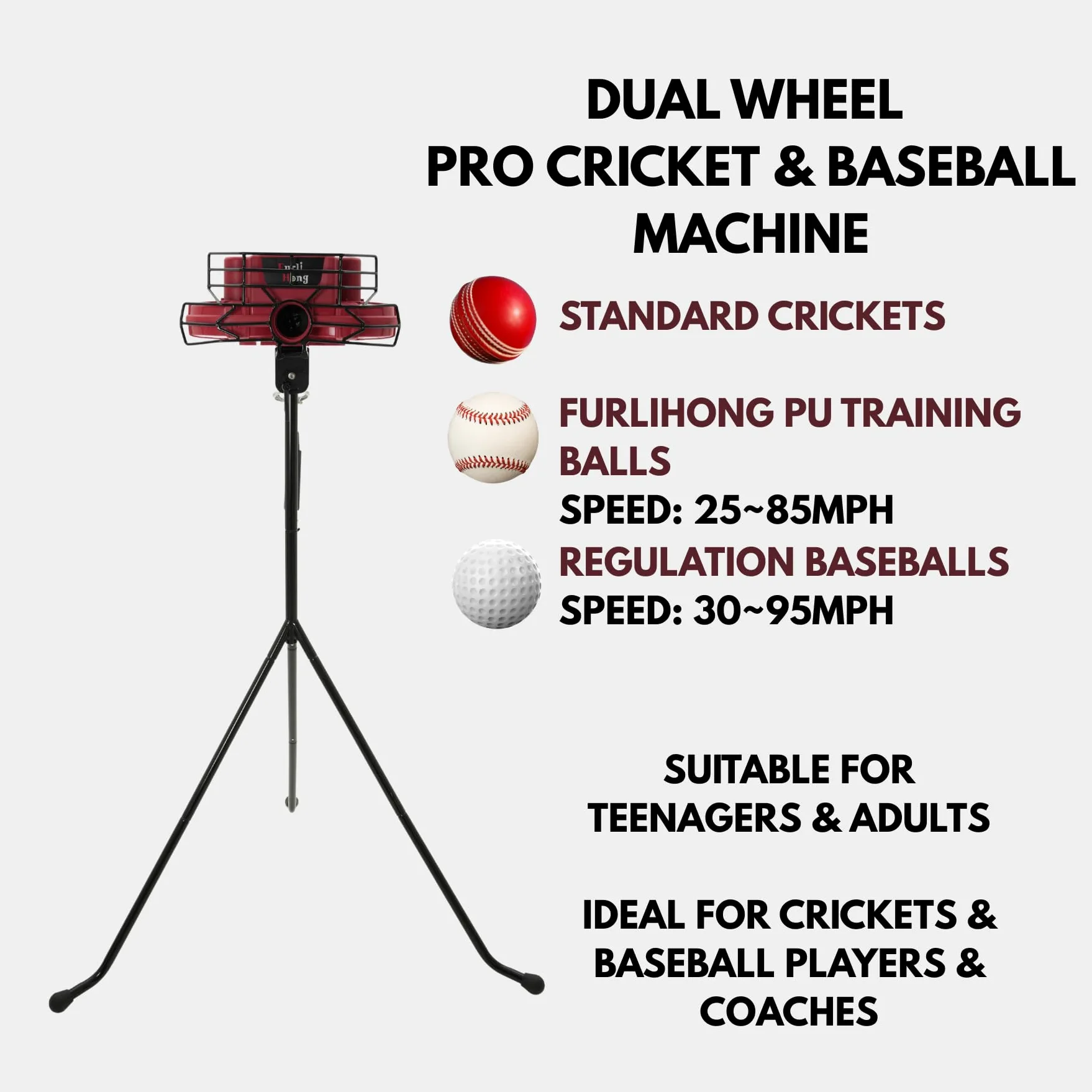 Furlihong 737BHA Lanzadora 2 en 1 para Béisbol y Críquet – Ángulo y Velocidad Ajustables, Ruedas Dobles, 30–95 mph, Lanza Varios Tipos de Pitches, Incluye 3 Pelotas