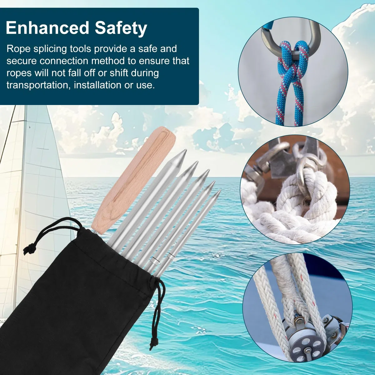 Gosknor 7uds Kit Herramientas Empalmar Cuerdas, 6-en-1 Acero Inoxidable con Empujador y Bolsa Almacenamiento para Cuerdas Doble Trenzado 1/4" 5/16" 3/8" 7/16" 1/2" para Rápida Recuperación y Empalme