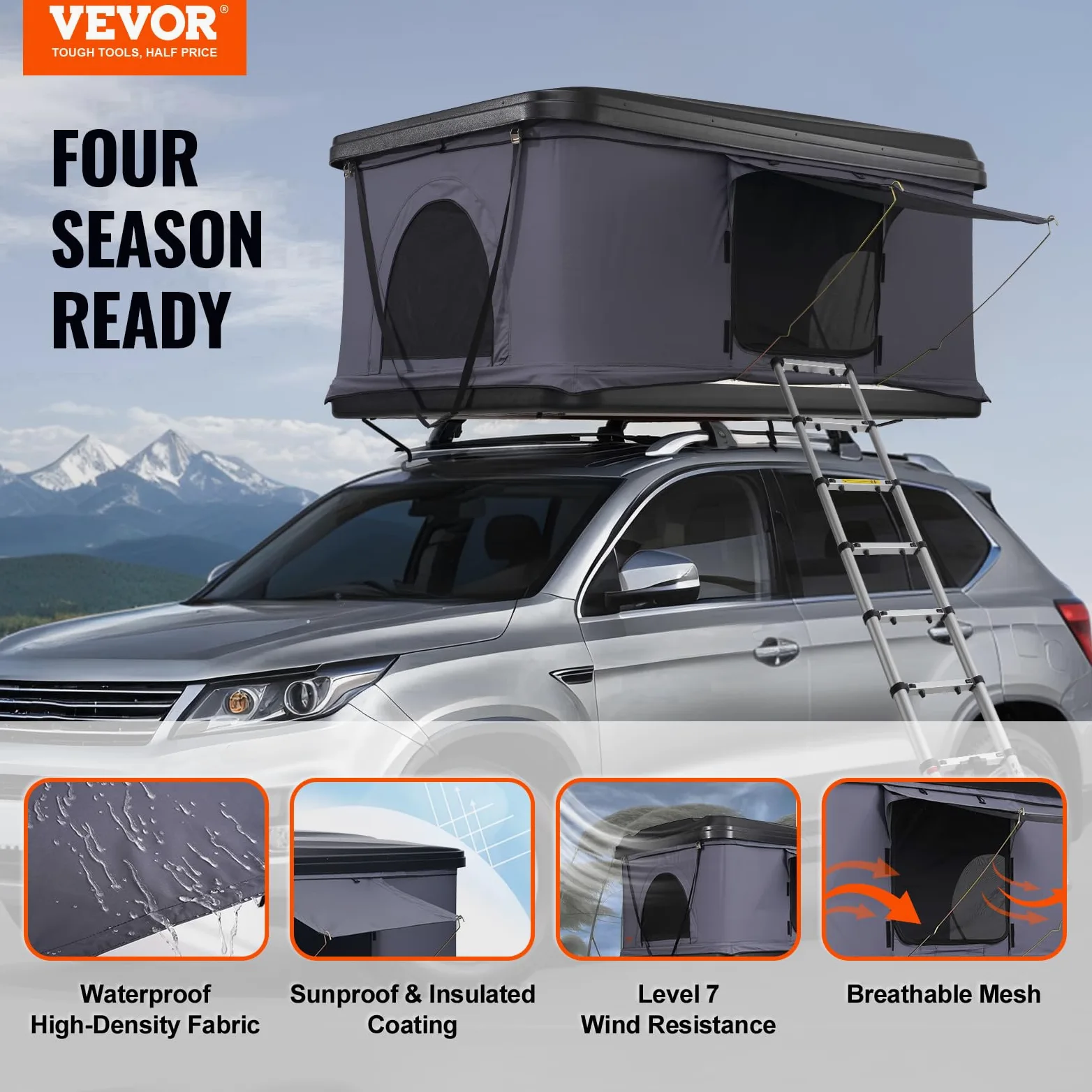 VEVOR Tienda de Techo Rígida para 2 o 3 Personas, con Escalera Telescópica y Colchón Grueso, Impermeable y Resistente al Viento para Camionetas Jeep, SUV y Furgonetas, 2140 x 1290 x 1040 mm, Negro