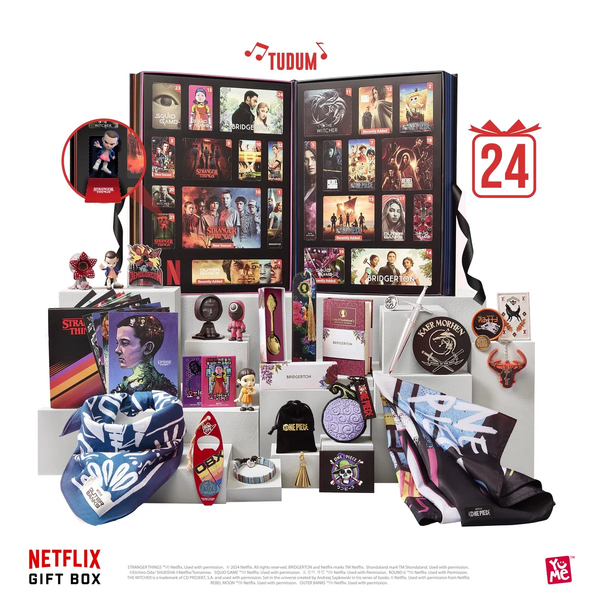 YuMe 15309 - Scatola regalo Netflix, calendario dell'Avvento con effetto sonoro, da 16 anni, 24 sorprese da 7 popolari serie Netflix