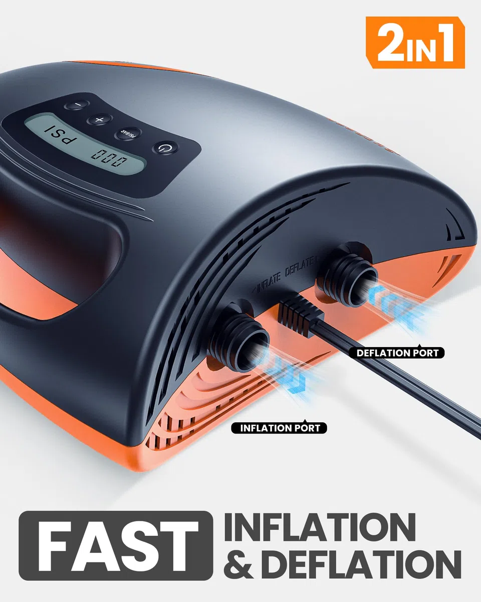 OutdoorMaster The Shark Bomba Sup de Alta presión - Bomba de Aire eléctrica con Sistema de enfriamiento Activo de 20 PSI Inflación Inteligente de Dos etapas y Apagado automático para Tablas de Remo