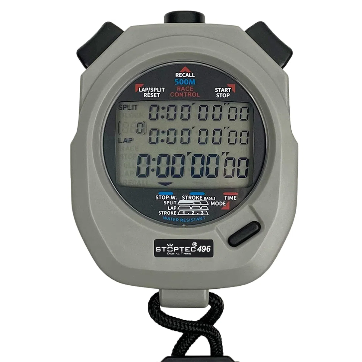 Cronómetro STOPTEC 496 | Pantalla de 3 líneas | Memoria 500 | Medición del número de golpes | Control de carrera | Hora y fecha | Resistente a salpicaduras | Fácil cambio de batería