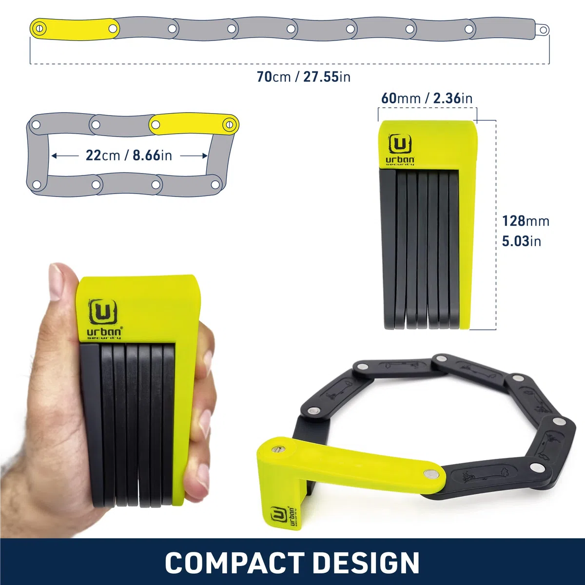 URBAN UR469Y Candado Bicicleta Plegable, Visible, 70cm Más Compacto Más Facil Transporte Sin Ruidos, Protección Antirasguños, Antirrobo con Cerradura Alta Seguridad, para Patinete