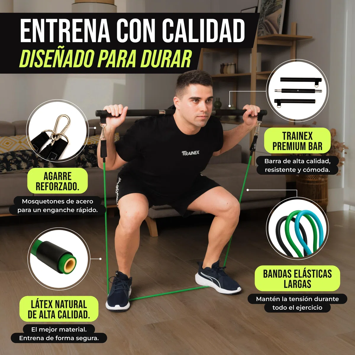 Bandas Elásticas de Musculación con Barra | Gomas de Resistencia hasta 100 kg | Kit de Entrenamiento en Casa Completo | TRAINEX