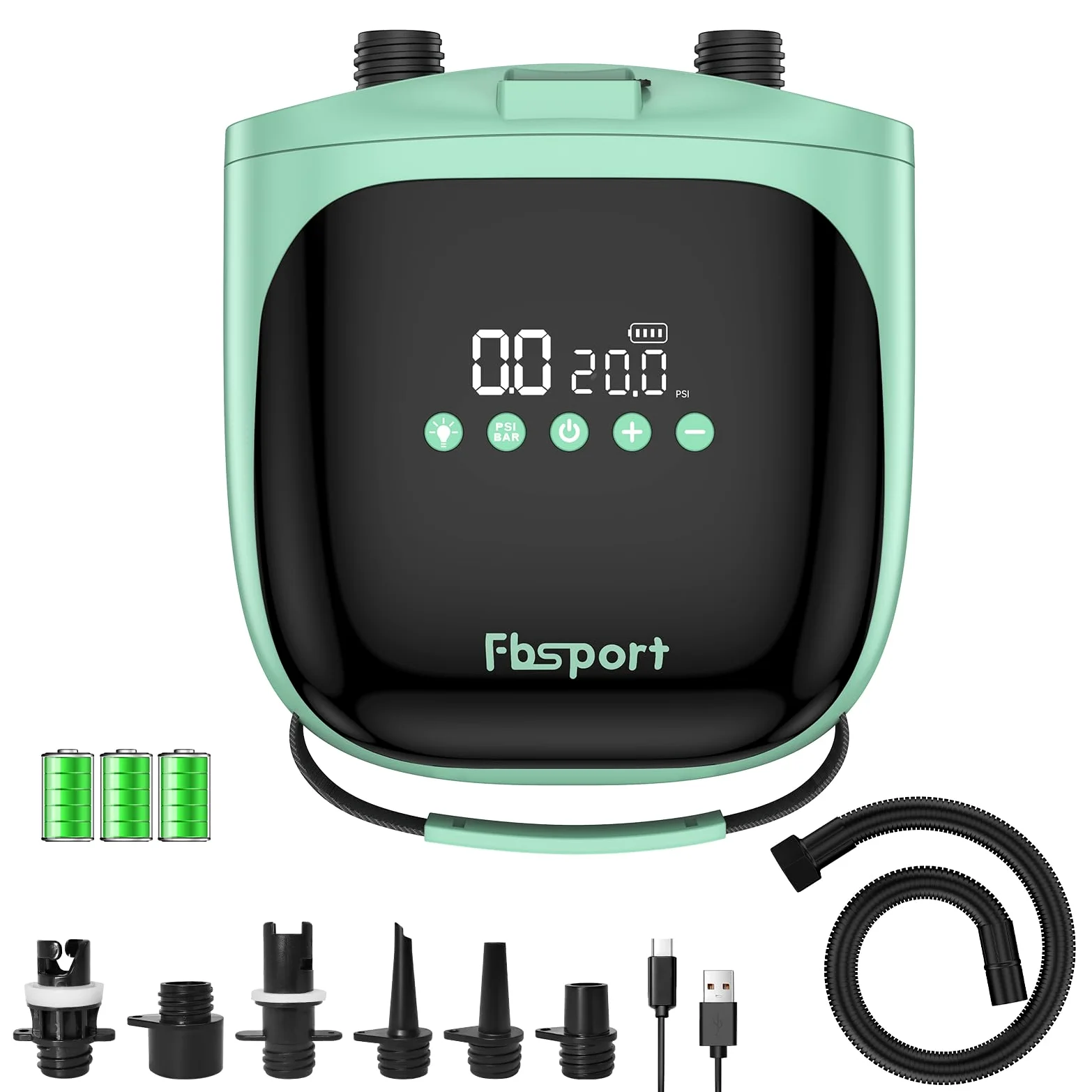 FBSPORT Inflador Electrico Paddle Surf Recargable 4000mAh Batería & 12V DC, 20PSI Bomba de Aire Eléctrica con Función de Apagado Automático y LCD Hinchador para Kayak Colchón de Aire Tienda y Barco