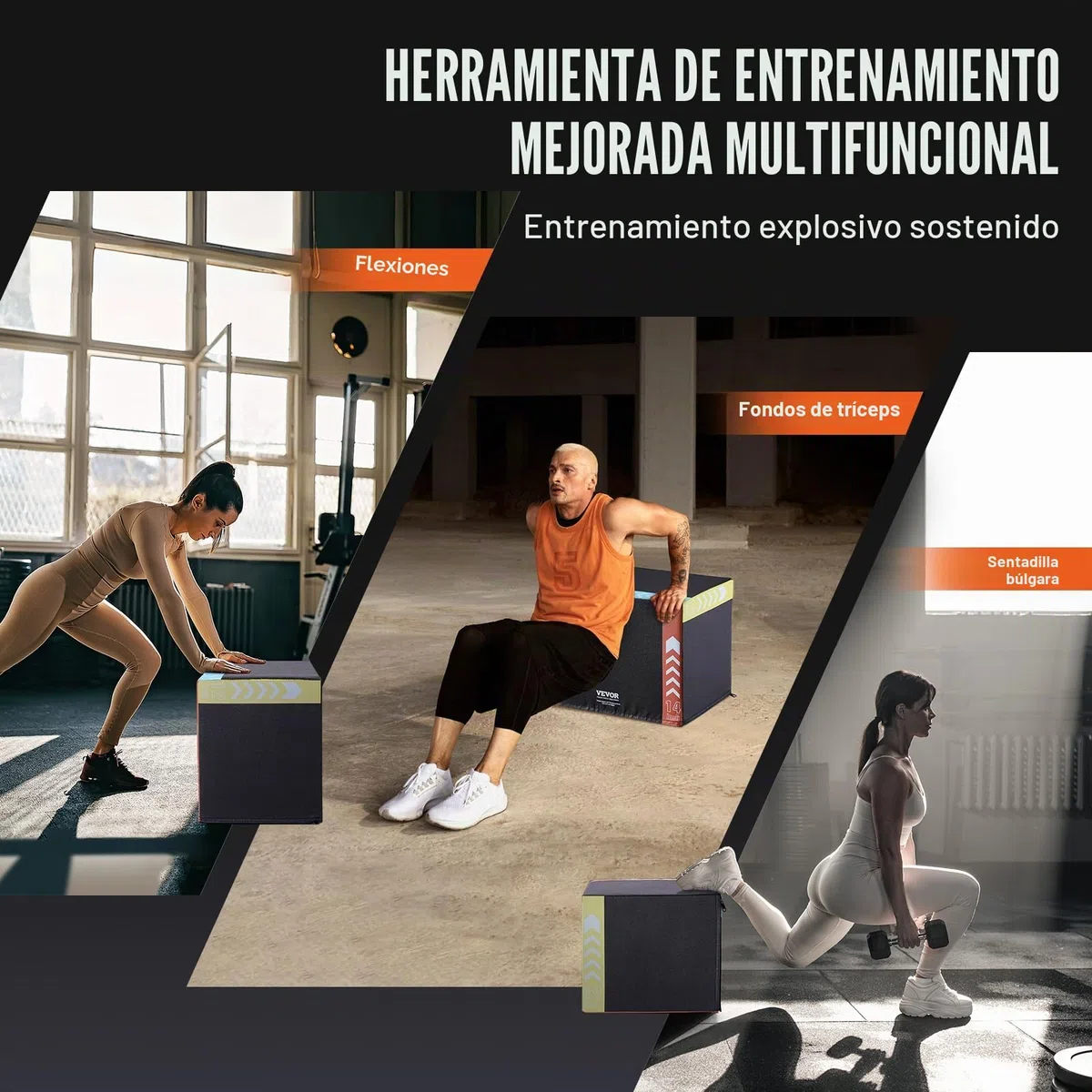 VEVOR Caja de Salto Pliométrica 3 en 1 Caja de Salto Tejido de Malla de PVC y Algodón Caja de Ejercicios de Fitness Antideslizante Capacidad de Peso 100kg para Entrenamiento en Gimnasio, Casa, Negro