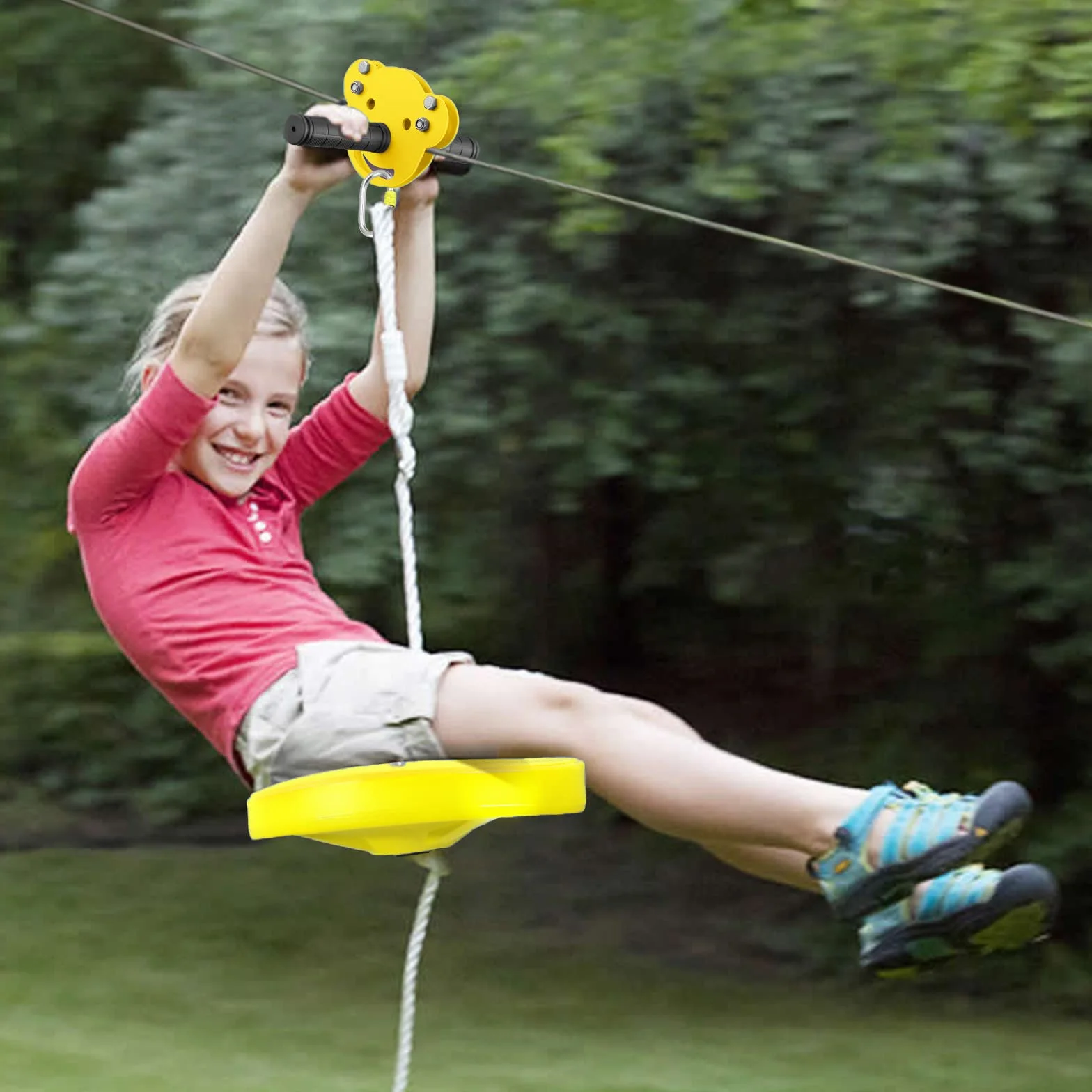 Tirolina, Shengyatu Zipline de 24 m 80 pies para niños y Adultos, Juego de Aventura en el Patio Trasero, fácil instalación, hasta 110 kg Resistente, Cable de Seguridad y Freno de Resorte, Juguetes