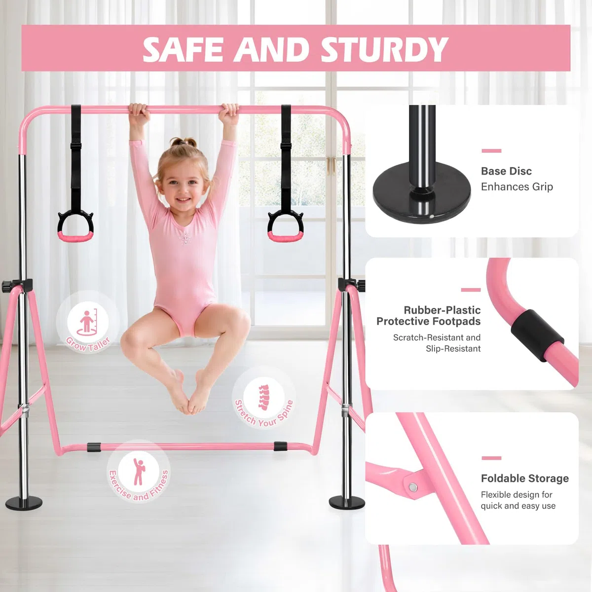Barra de Gimnasia para Niños Plegable: Barra Horizontal Ajustable en Altura 91-132 cm con Anillas - Equipo de Gimnasia para Casa, Interior Exterior para Niños y Niñas