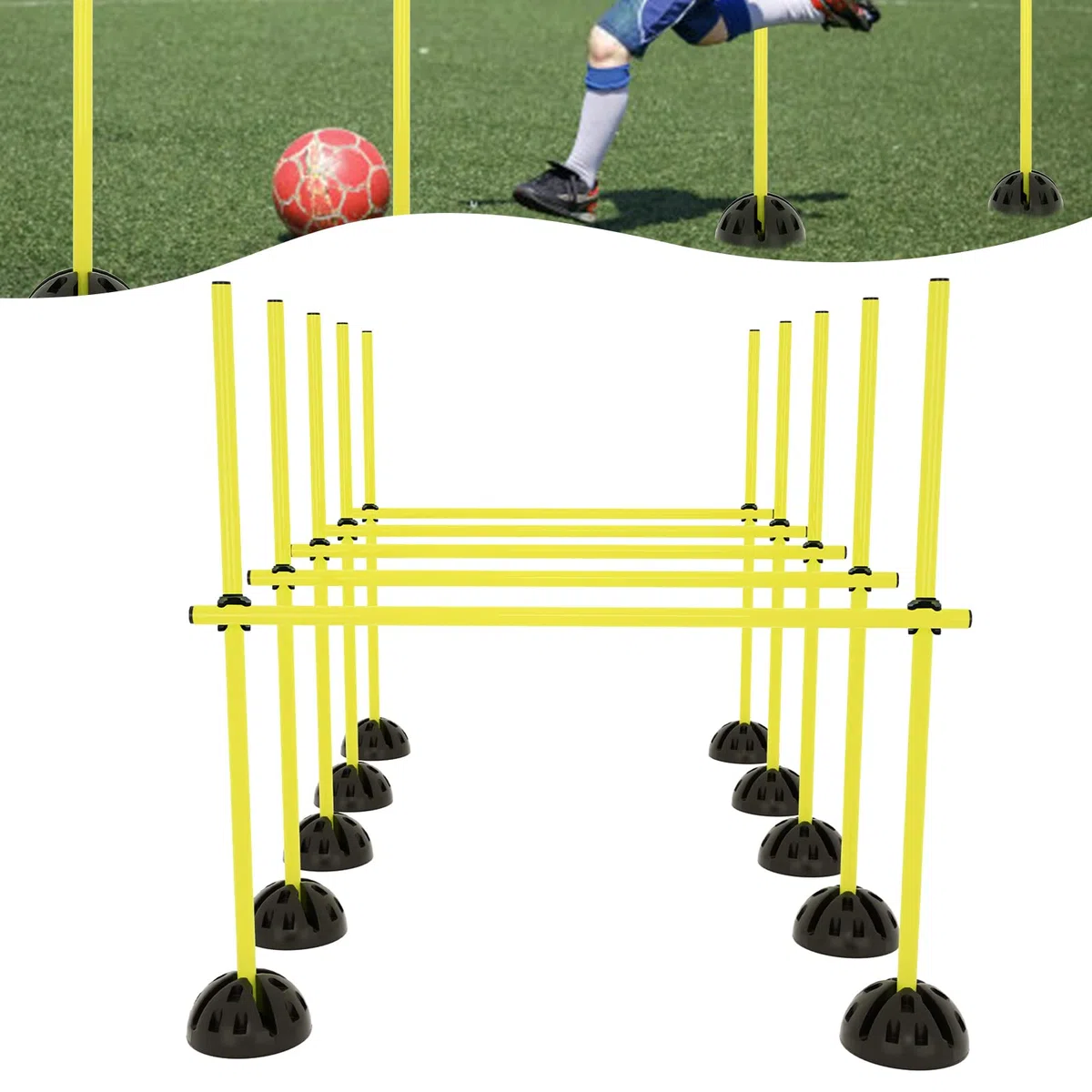Juego de vallas multifuncionales, barra de salto, vallas de agilidad, postes de slalom, barras de entrenamiento de fútbol para entrenamiento condicional, capacidad de salto, regate y movilidad