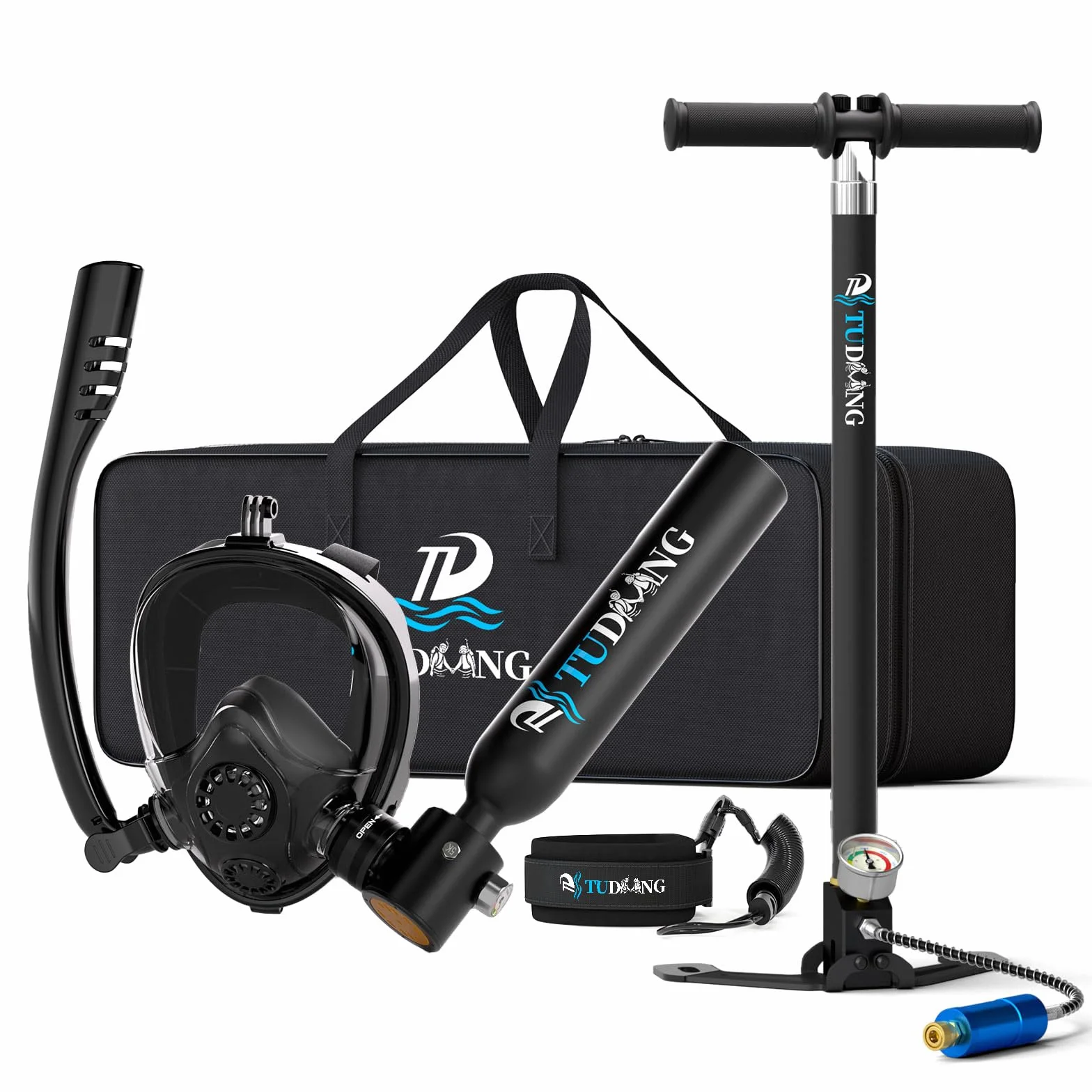 Kit de Tanque de Buceo TUDIVING de 0.5L, Mini Cilindro de oxígeno con máscara de Snorkel Facial Completa, Tanque pulmonar portátil con compresor de Aire