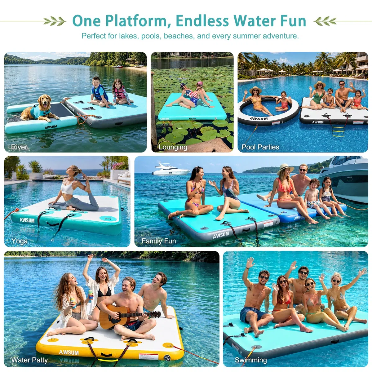 AWSUM Plataforma de Muelle Flotante Inflable, 6 x 5 pies, balsa Flotante de Isla con Superficie Antideslizante para Lago, Piscina, Playa, océano