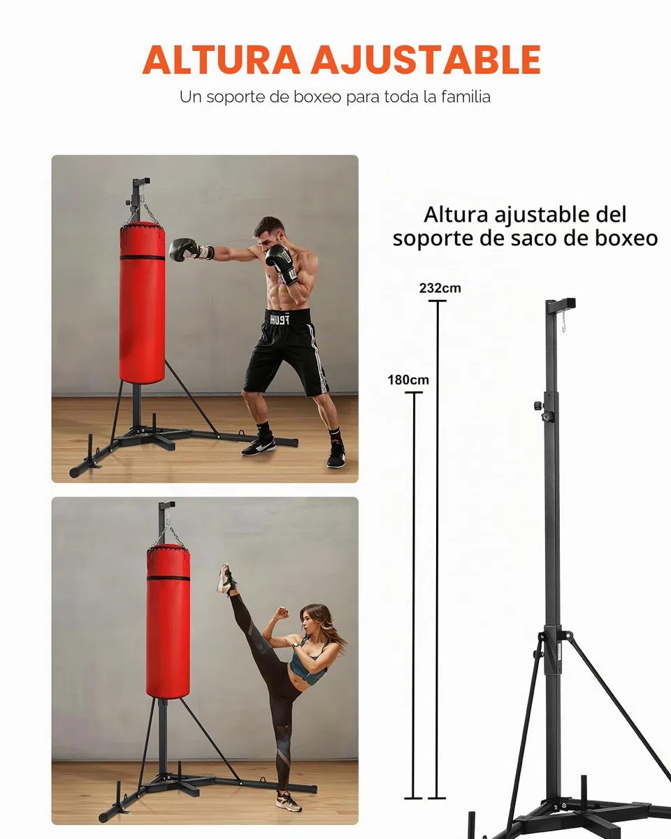 VEVOR Soporte para Saco de Boxeo con Marco de Acero Soporta hasta 65 kg Soporte a Saco de Arena Independiente con Base con Peso Equipo de Entrenamiento para Gimnasio en Casa, 118 x 118 x 232 cm