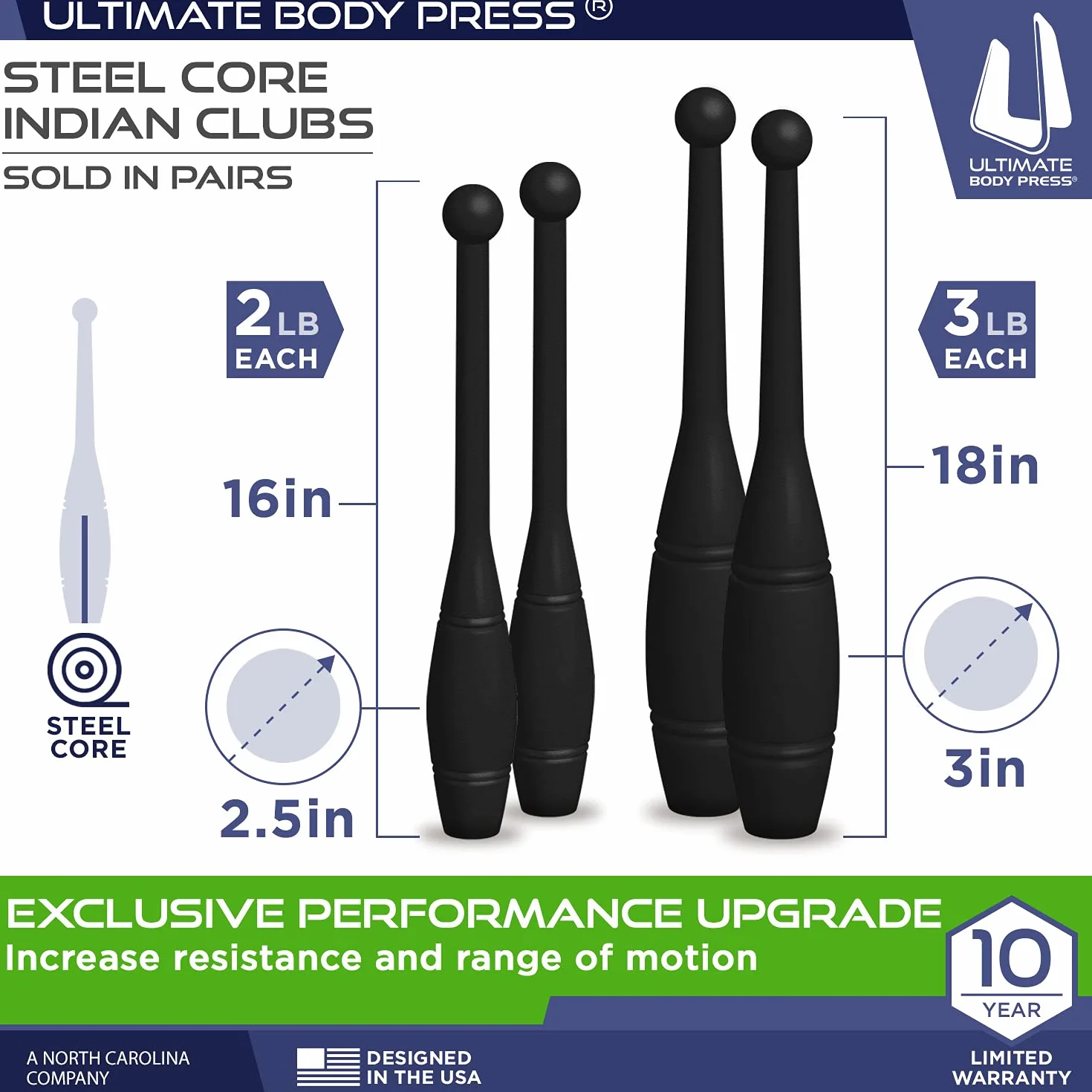 Ultimate Body Press Indian Clubs 1lb, 2lb and 3lbs Pairs