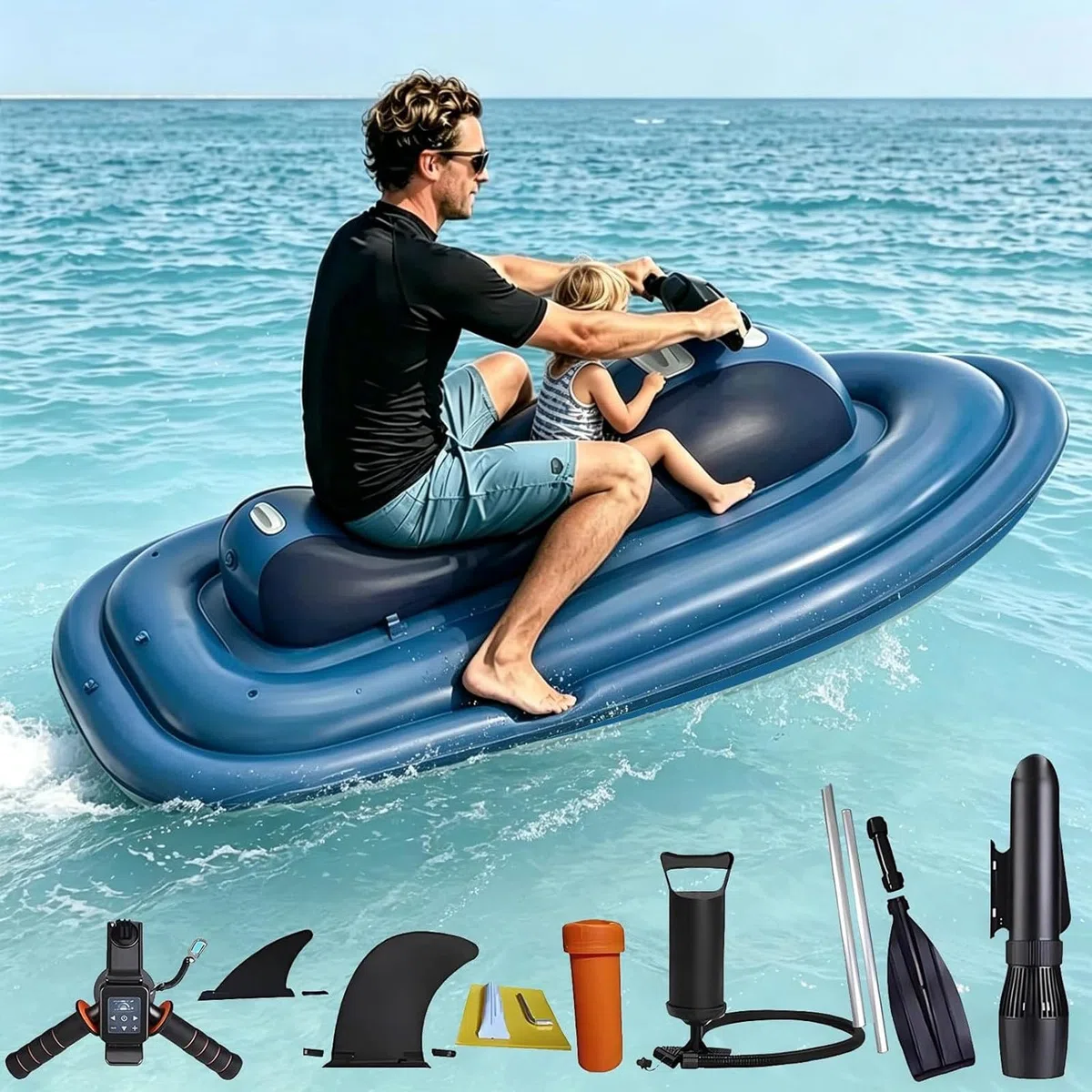 Barco Jet Eléctrico Hinchable para 2 Personas con Scooter Subacuático 500W/700W, Velocidad 3–9 km/h, Autonomía 130 min, Profundidad 40 m – para Buceo, Pesca y Aventuras en la Costa 16A